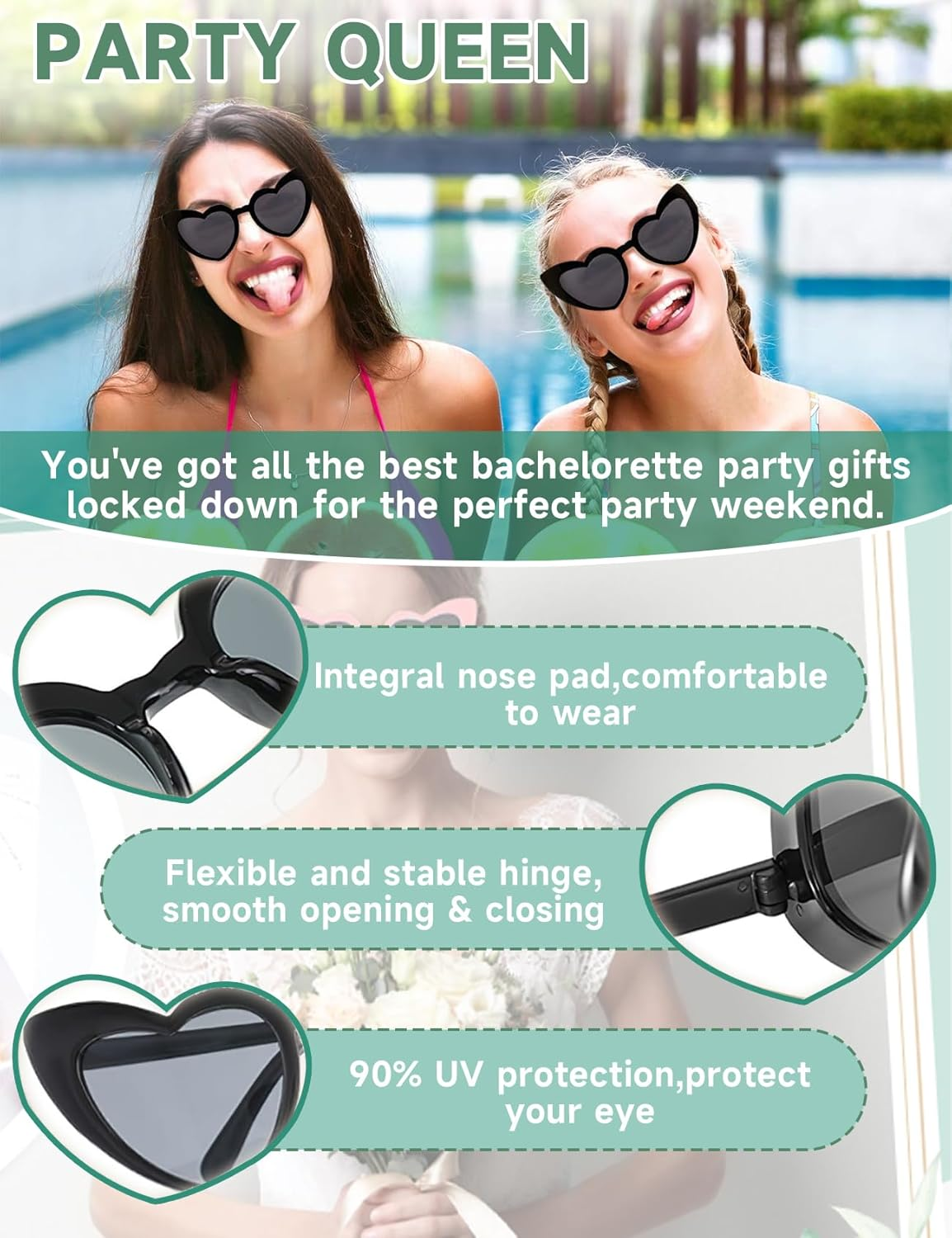 15 Pairs Heart Glasses for Women, UV 400 Protection Heart Shaped Glasses, Cute Heart Glasses Vintage Style Eyewear for Ladies, Fashion Party Decorations Supplies for Wedding Bachelorette image number 2