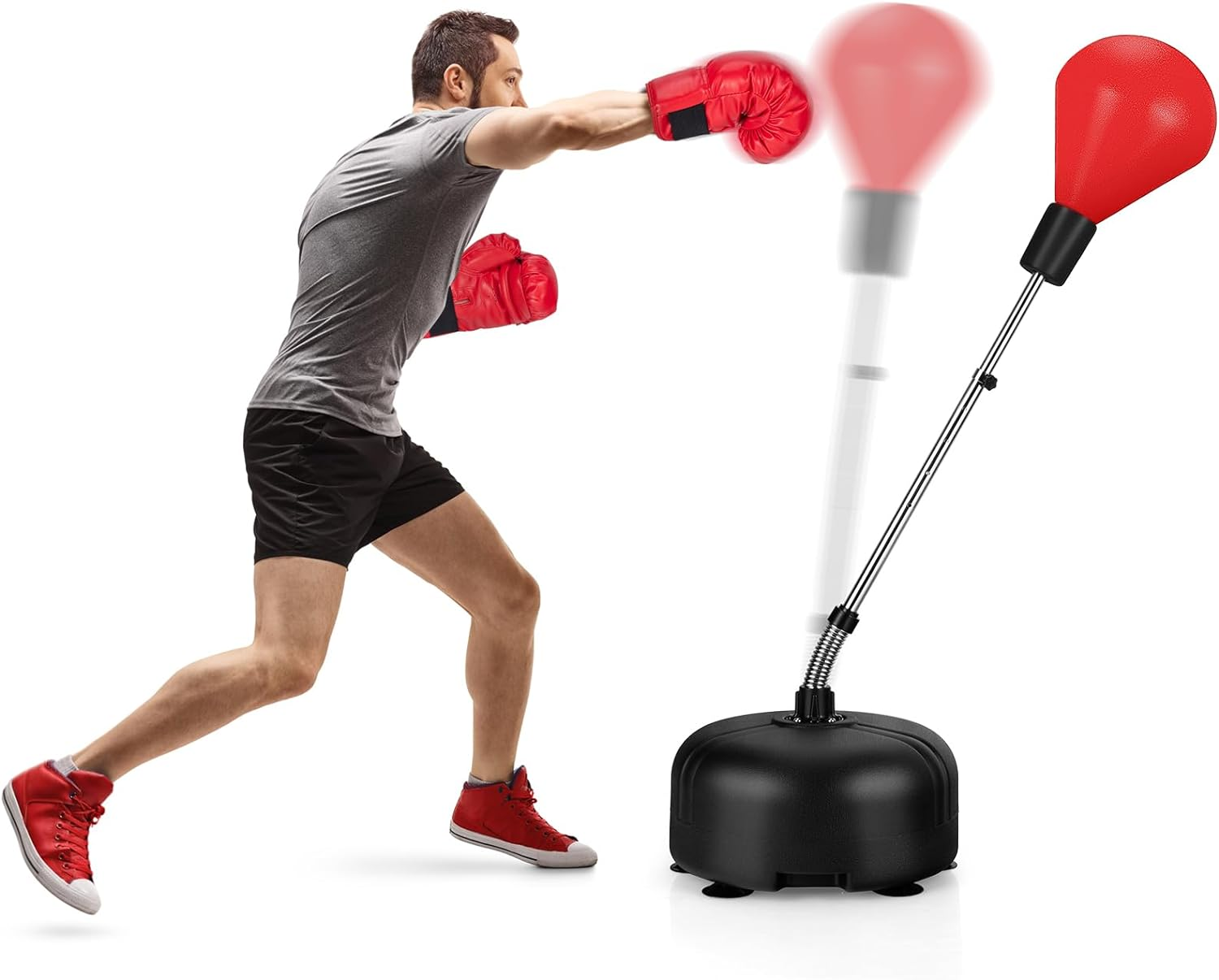 Costway Punching Bag with Stand, Speed Bag for Adults Kids, 4-Position Adjustable Height Setting, Stable Suction Cups, Integrated PU, Breathable Boxing Gloves, Easy to Transport, Reflex Bag for Home