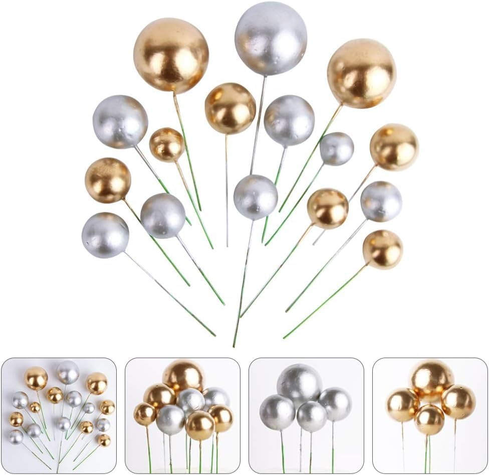 16Pcs Birthday Christmas Cake Toppers Golden Silver Balls Pearl Foam Cake Decoration Cupcake Dessert Topper Picks Holiday Party Supplies image number 1