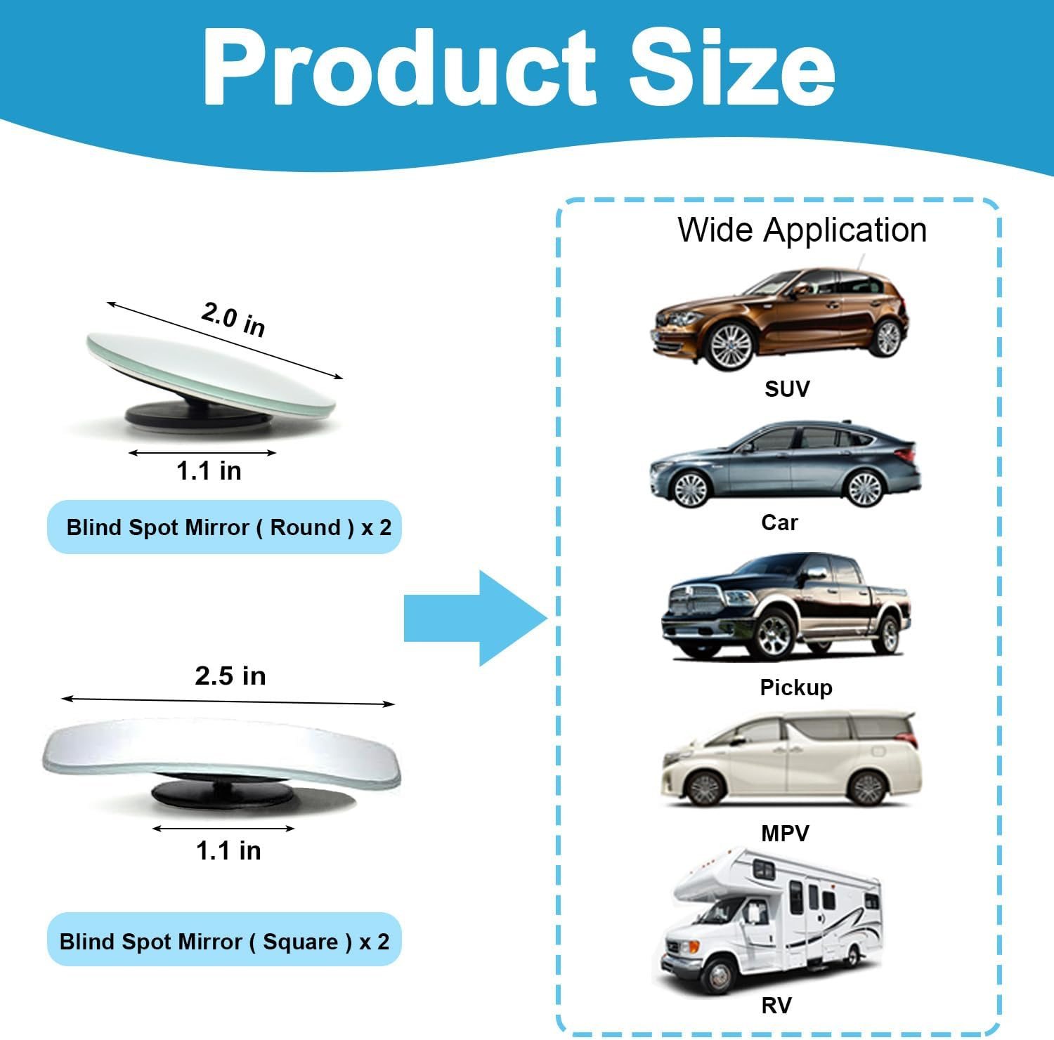 4 PCS Blind Spot Mirror, 2" Rectangle/Round HD Glass Frameless Convex Rear View Mirror, Exterior Wide Angle Side Car Blind Spot Mirror for Larger Image and Improved Traffic Safety image number 6