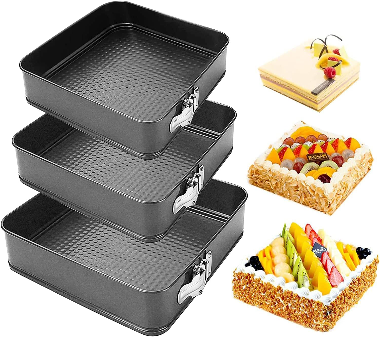 Springform Cake Pan Square, 3 Set of 9.6 Inch, 10.2 Inch, 11.2 Inch Cake Pan, Non-Stick Springform Leakproof Cake Pans Cake Tin, Removable Bottom, Suitable for Cake Baking, Kitchen Lovers image number 1