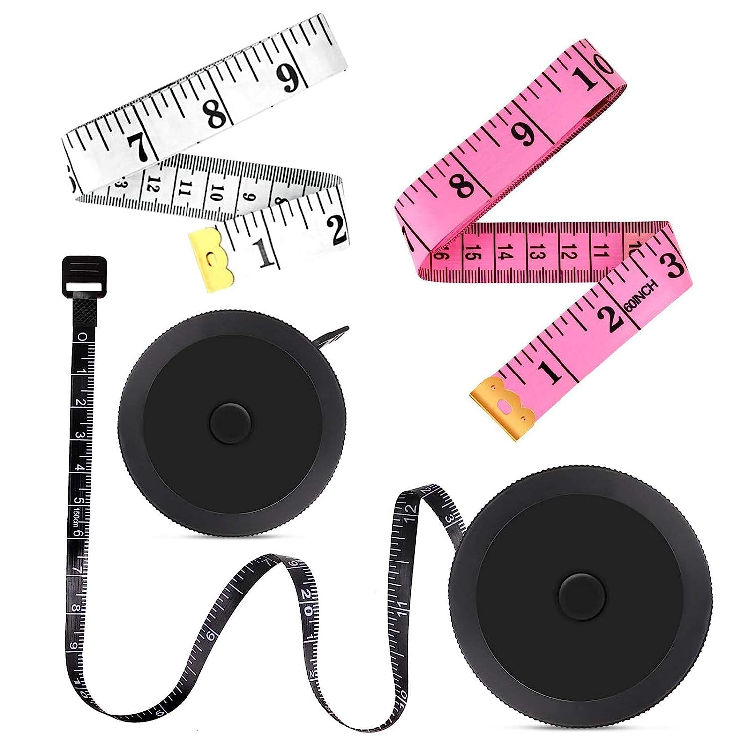 Phinus 4 Pack Retractable Tape Measure for Tailor, Sewing, Body Measurement, Black, White and Pink image number 5