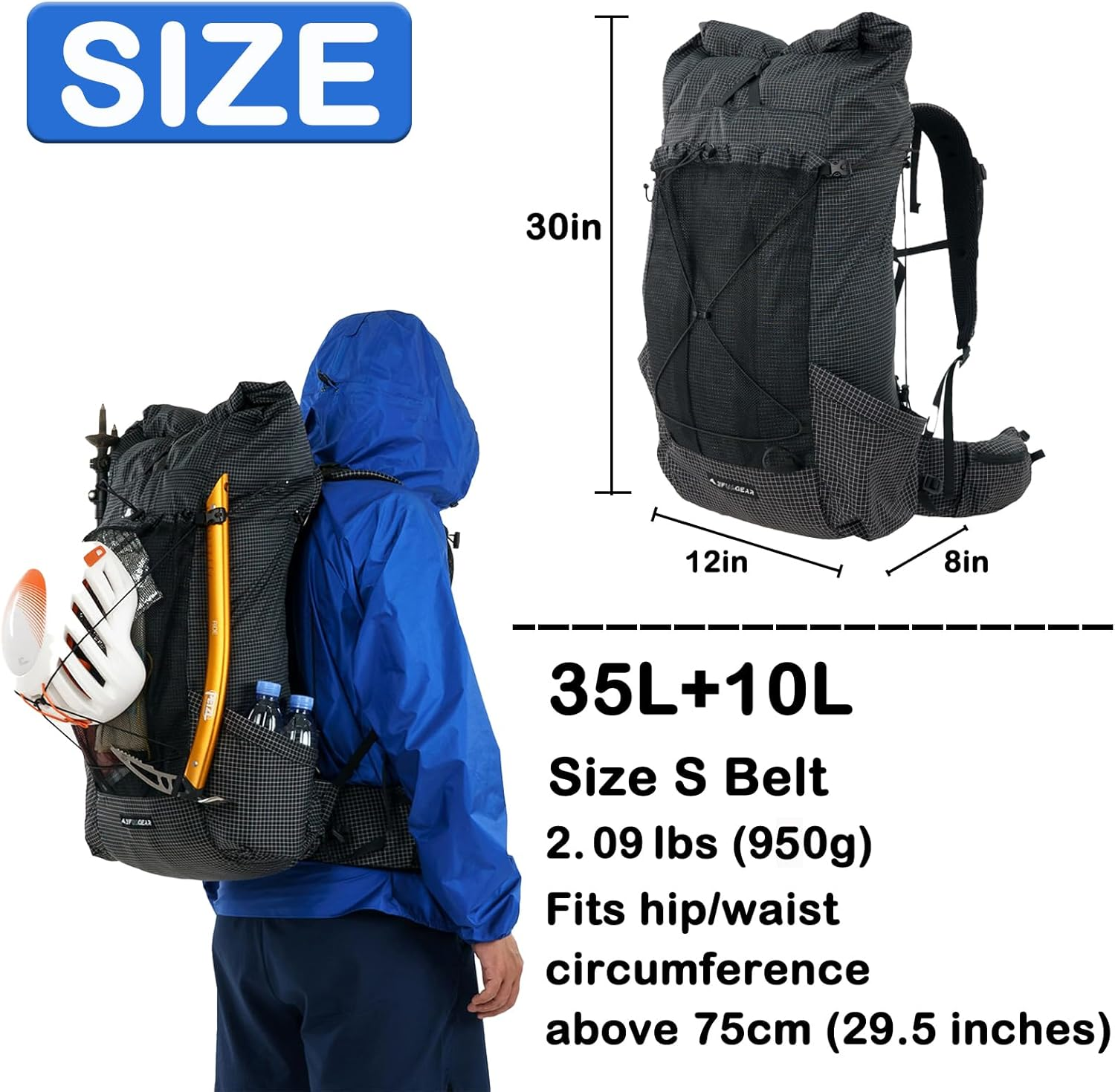 Windhike 3F UL Gear Ultralight Internal Frame Aluminum Backpack Scientific Load-Bearing,Carbon Fiber Crossbar Comfort Weight 3-Stage Adjustable Belt for Hiking & Camping 35+10L image number 5