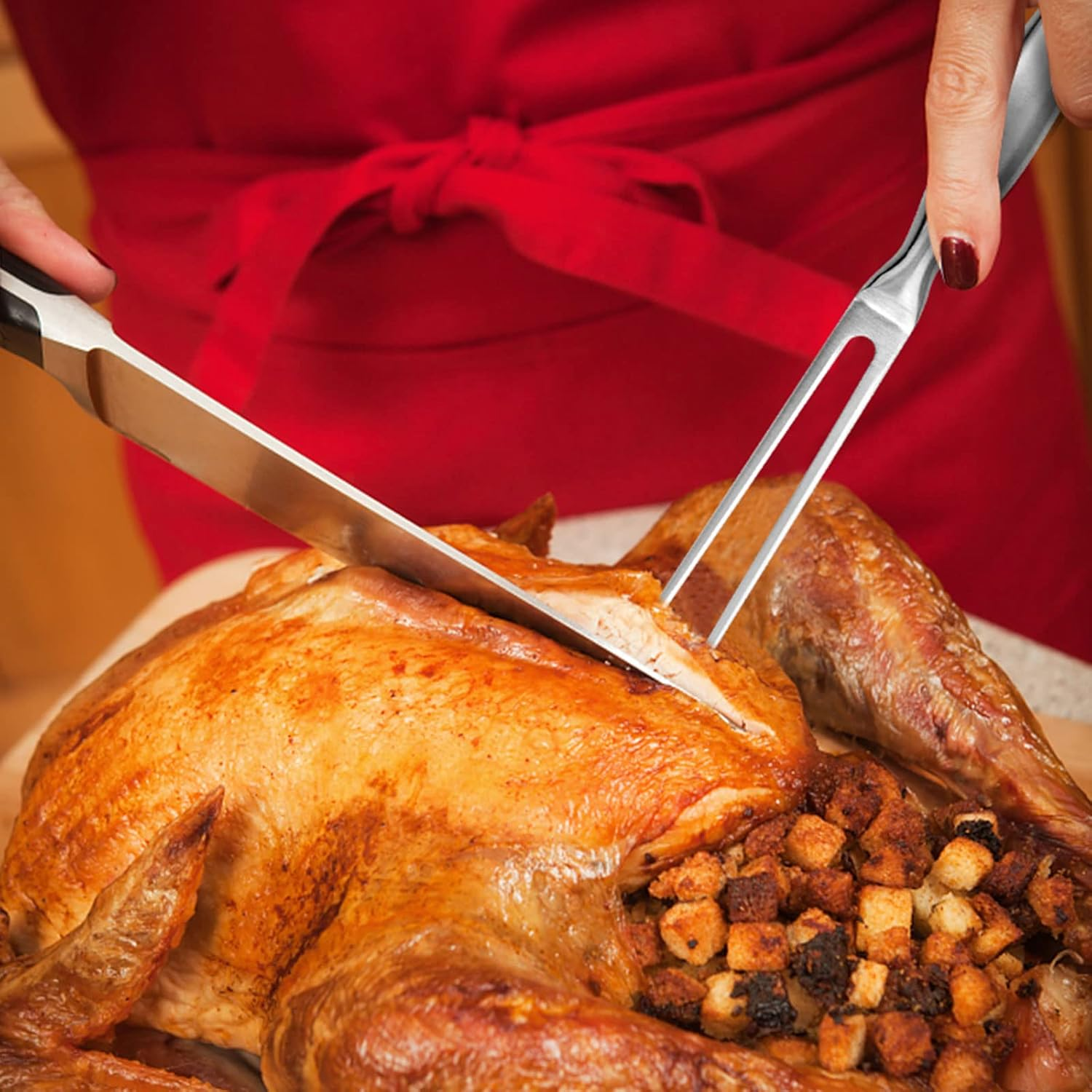 Gudoqi Carving Fork Stainless Steel Meat Fork 10 Inch Barbecue Fork Anti-Slip Long Handle Cooking Tool Utensil Set for Pork Turkey Chicken Beef image number 4