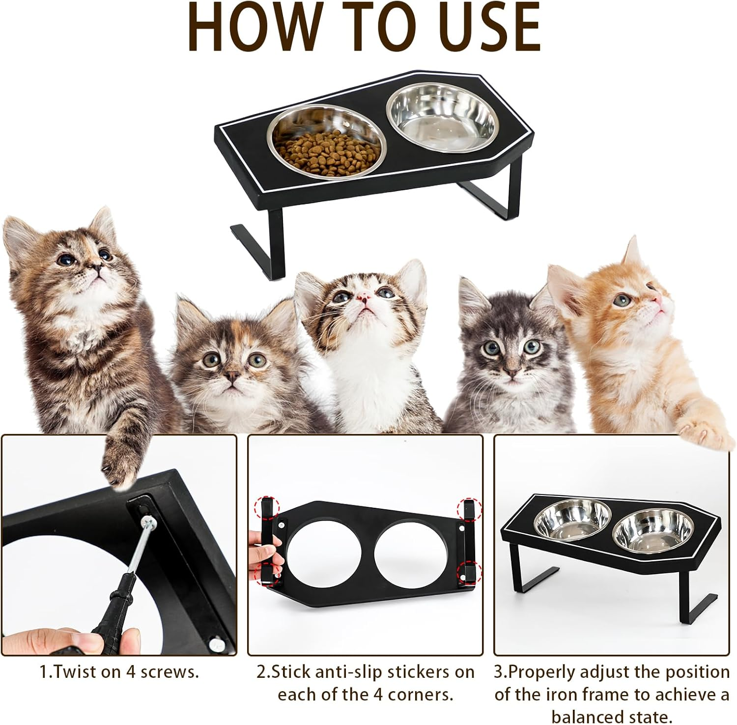 Cat Food Bowls Elevated, Gothic Cat Bowls, Raised Cat Bowls for Indoor Cats with Non-Slip Stand & Wood Board, Stainless Steel and Whisker Friendly Food Bowls image number 1