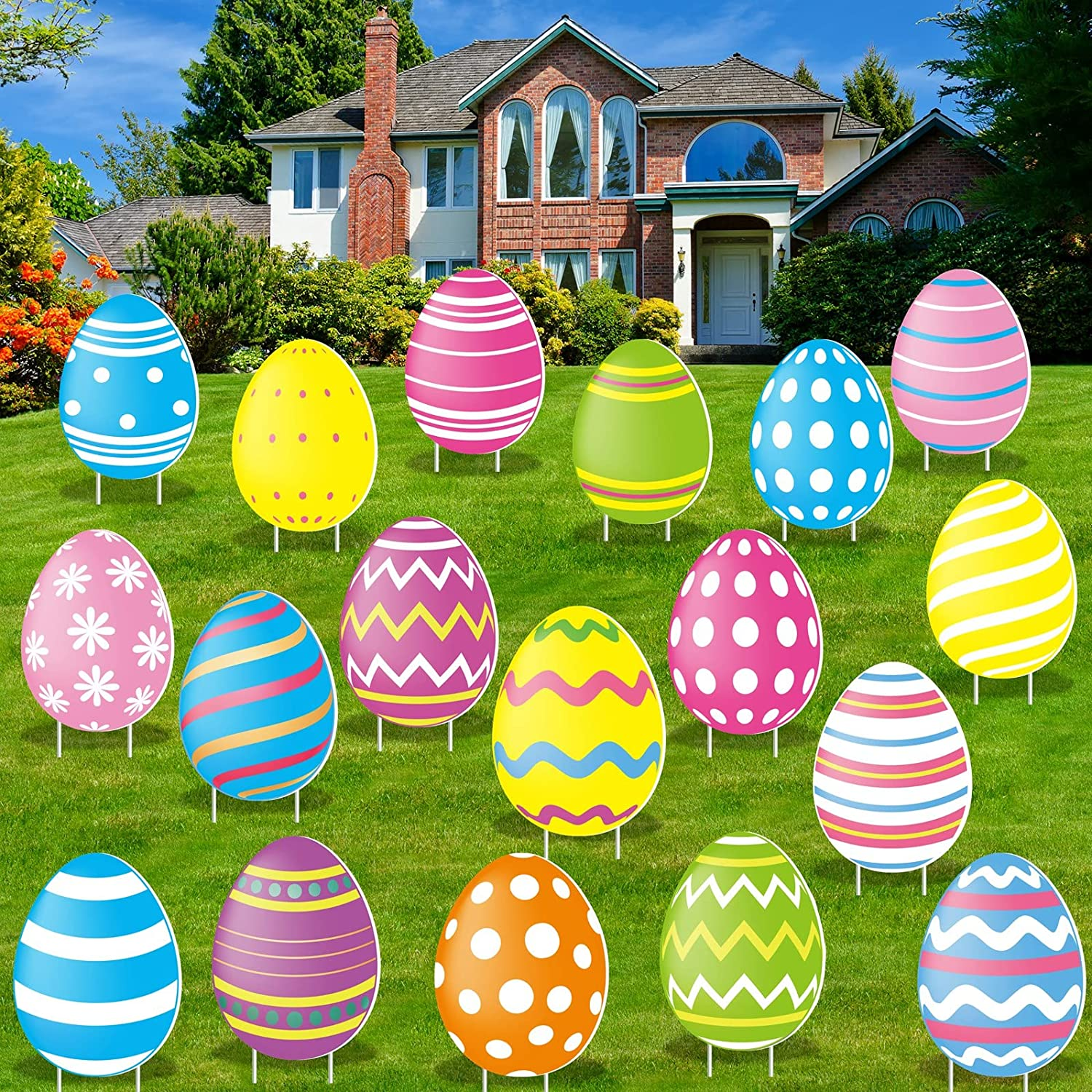 ADXCO 18 Pieces Easter Colorful Eggs Yard Signs with Stakes and String Double-Side Print Outdoor Easter Spotted Eggs Yard Decorations Waterproof Lawn Decorations for Easter Party Supplies image number 2