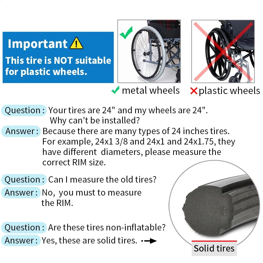 Wheelchair Rear Wheel Solid Tires 20X1 3/8", 22X1 3/8", and 24X1 3/8"PU Non Pneumatic Tires Are Suitable for Most Wheelchair Tire Replacement (24X1 3/8" Black) image number 2
