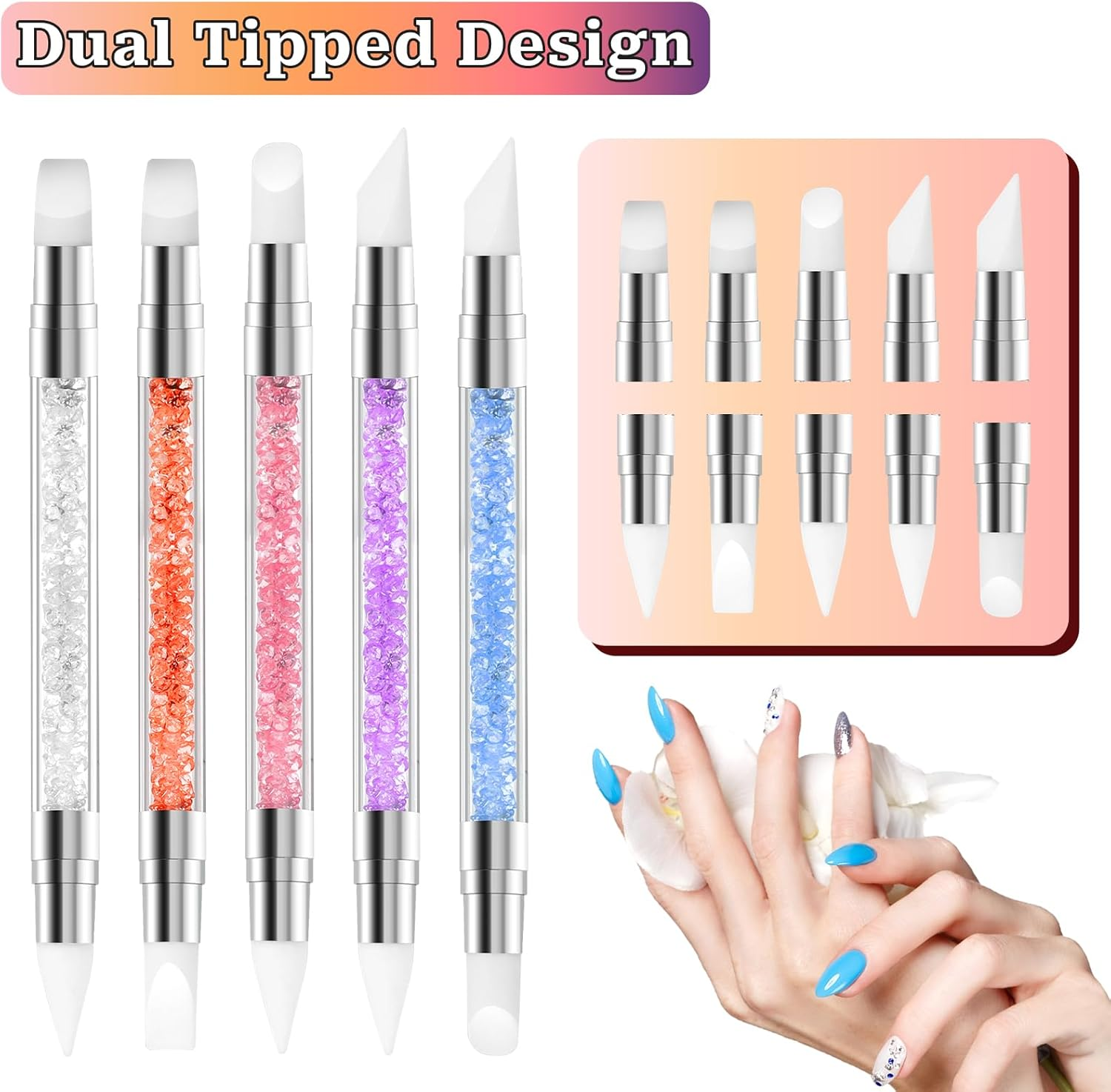 Pack of 5 Nail Art Sculpture Pen with Two Tips Silicone Nail Brush Gel Nail Carving Brush Nail Art Tools for Design, Nail Foil, Drawing, Shaping image number 1
