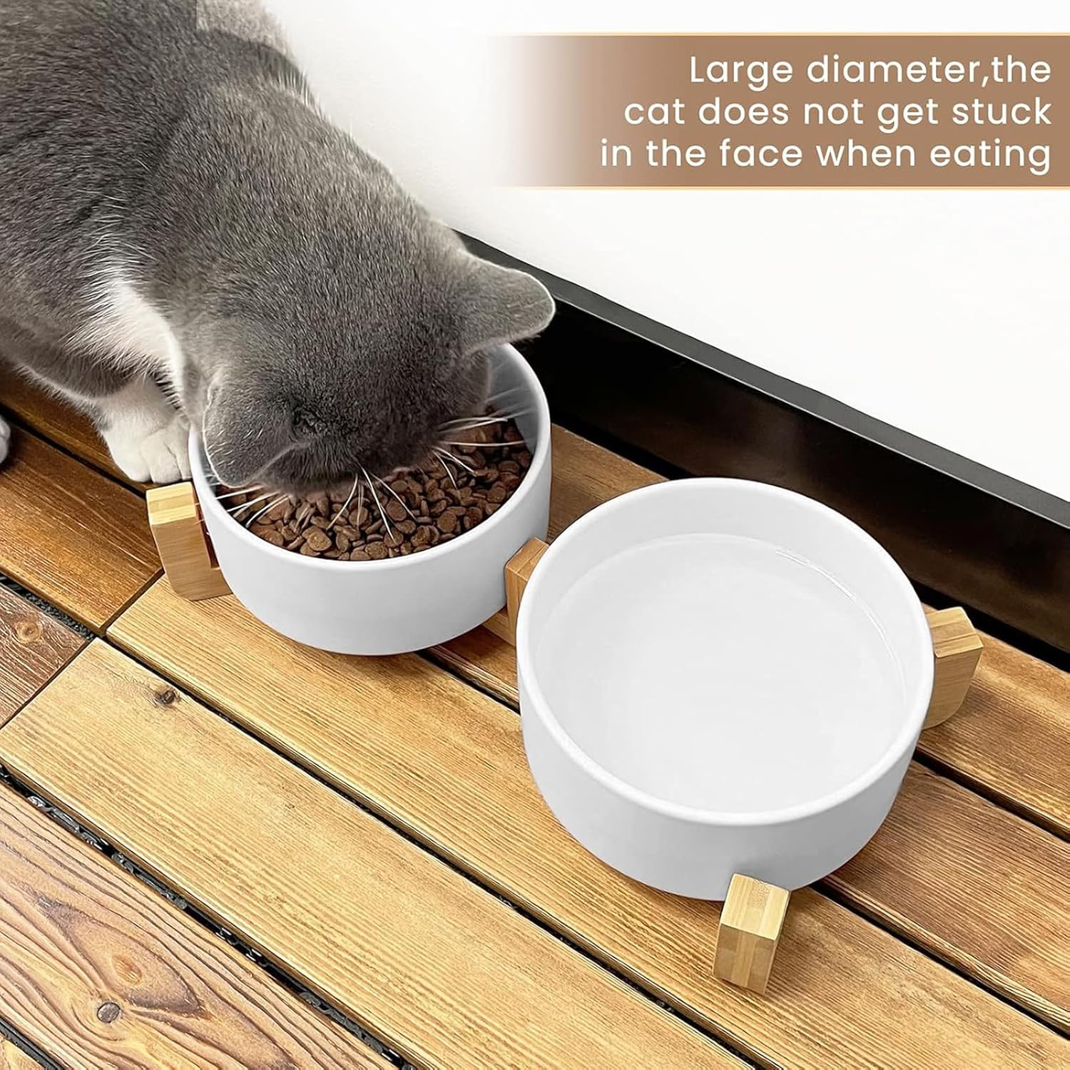 Ceramic Cat Bowl,Small Dog Food Bowl,With Wood Stand Non-Slip,Double White Bowls,Ceramic Bowl for Food and Water (800Ml/27Oz) image number 4