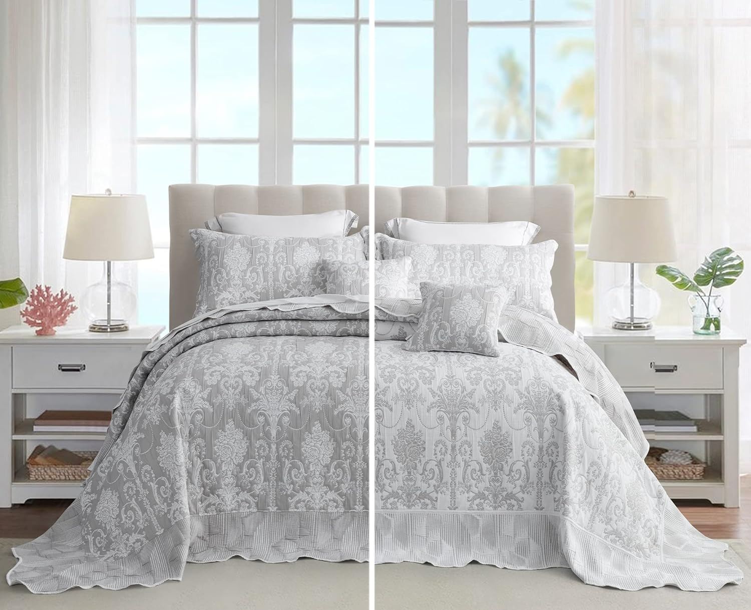 Blythease Oversized King Bedspread, Jacquard Matelasse Damask Pattern Design, Lightweight, Reversible, 5 Piece, 100% Microfiber, Gray image number 4