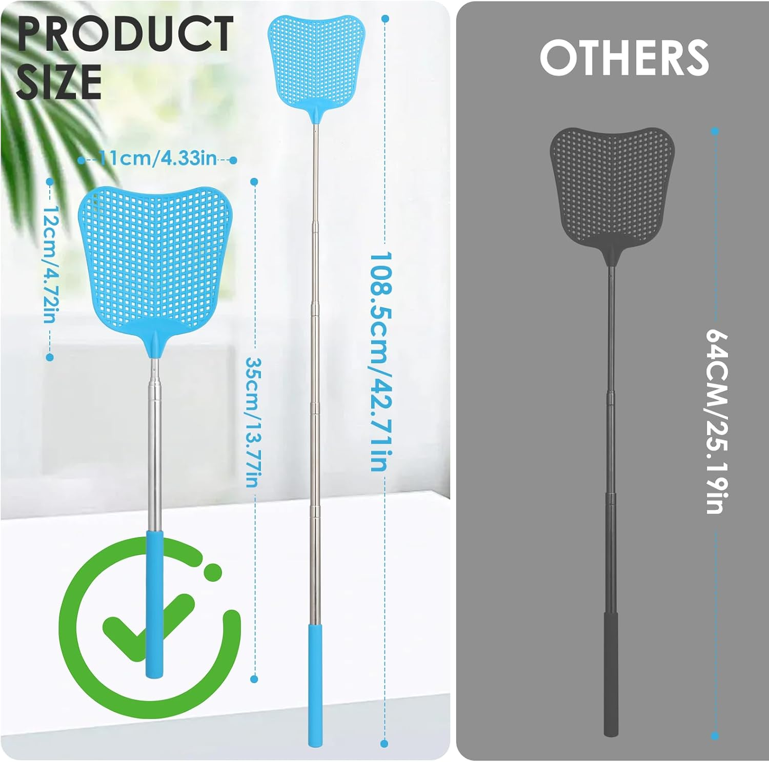 Geeric Telescopic Fly Swatters, 2PCS Plastic Extendable Fly Swatters Heavy Duty Set with Stainless Steel Handle for Indoor/Outdoor/Classroom/Office/Farm (Grey+Blue)