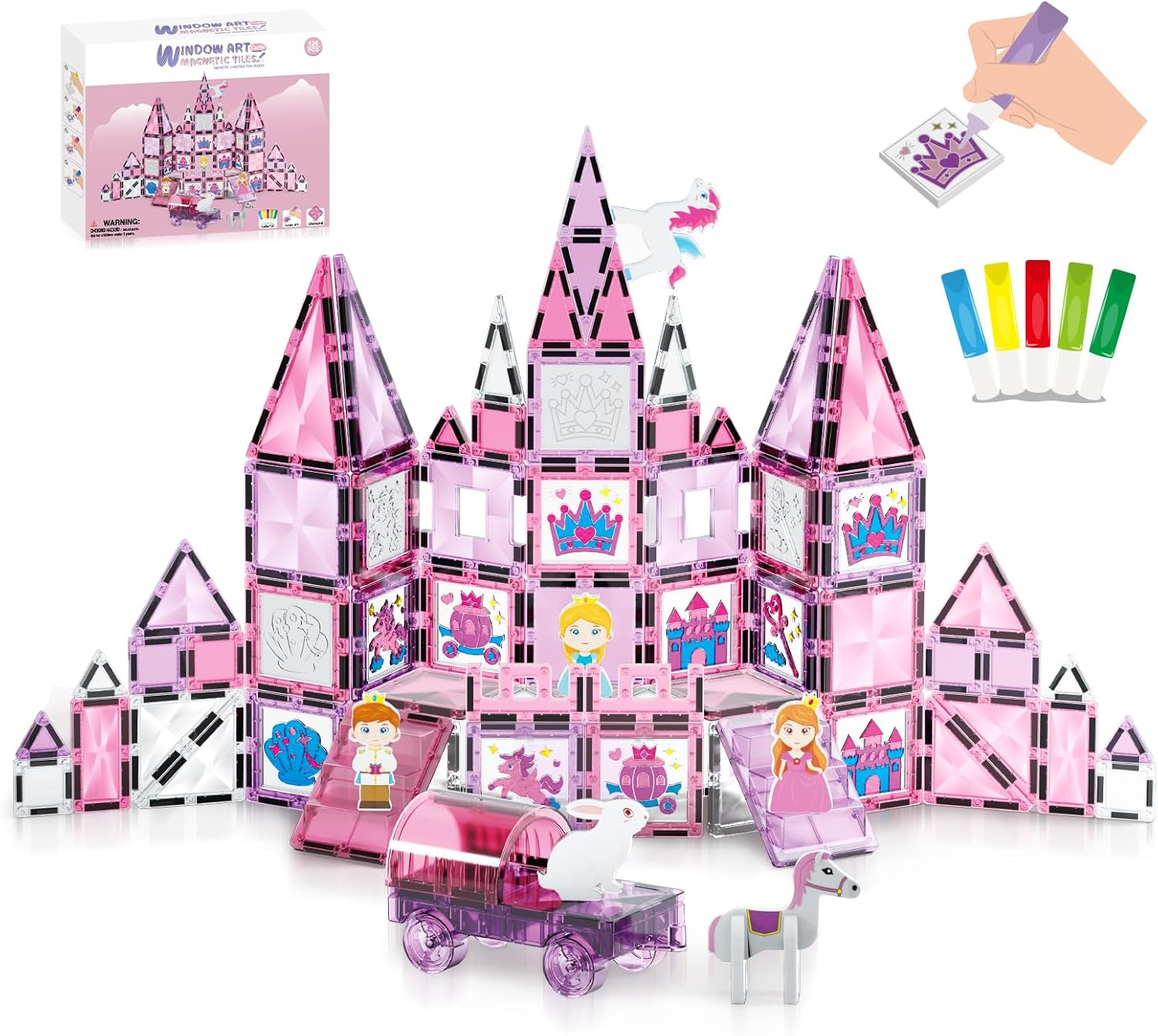 126PCS Magnetic Tiles, Pink Princess Castle Magnetic Tiles Building Blocks, Diamond Magnetic Building Blocks Toys Gifts for Kids Boys Girls 3 4 5 6 7 8 9 10 + Year Old image number 2