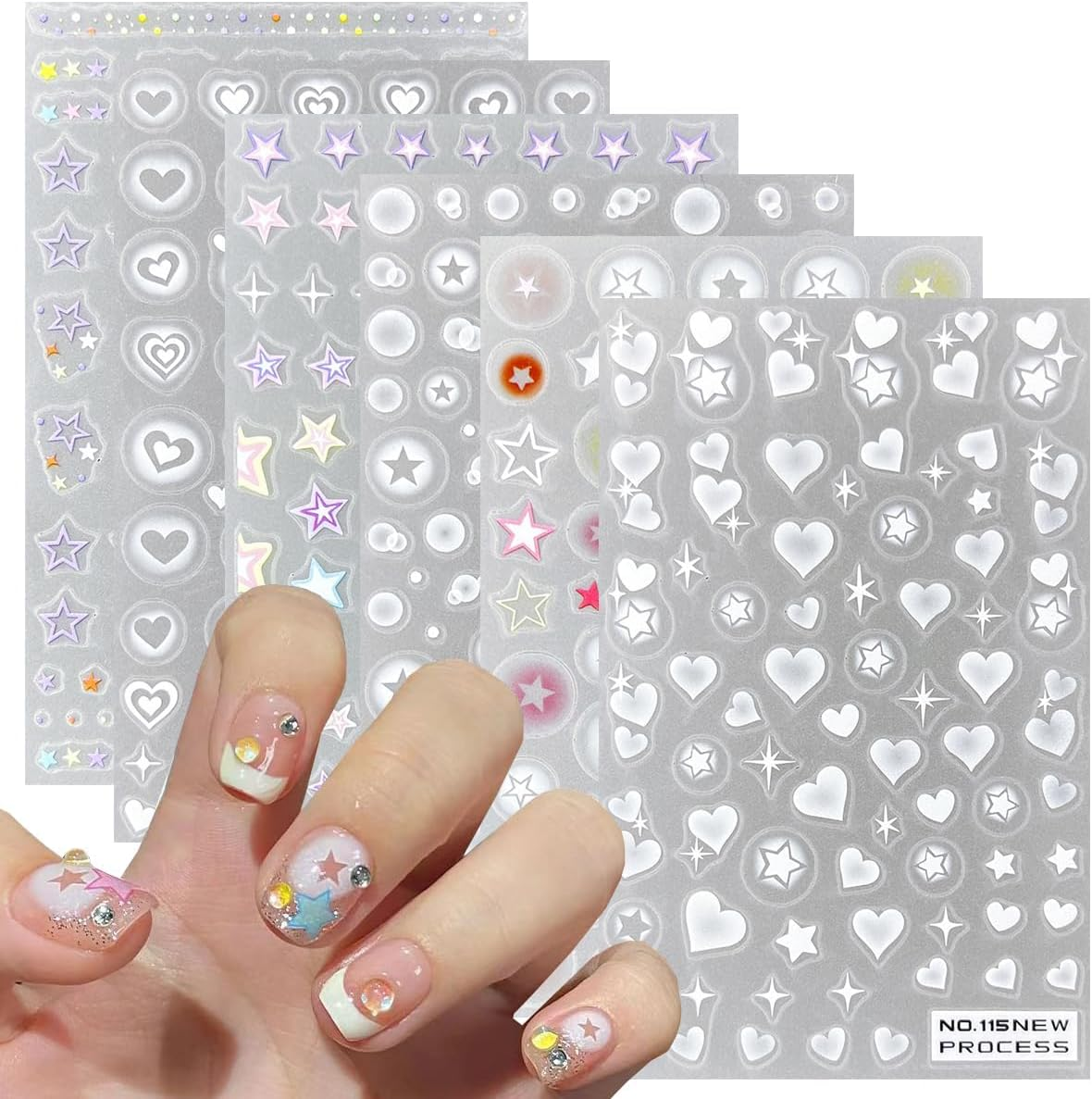 6 Sheets Star Nail Stickers 3D Glitter Shiny Gold Silver White Black Stars Nail Art Sticker Geometry Star Sticker DIY Transfer Decal Designs Nail Tips DIY (Design2)