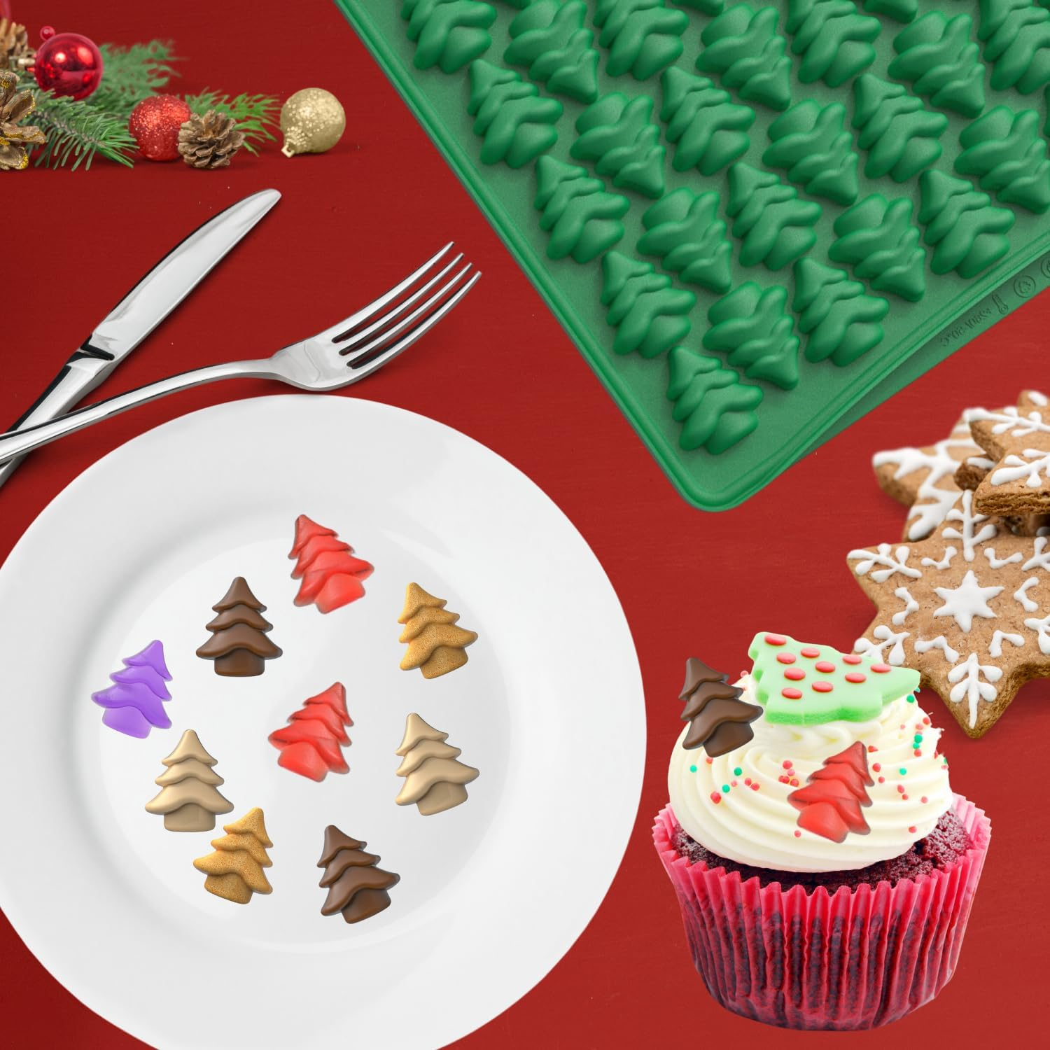 Crethinkaty Mini Christmas Moulds, Silicone Christmas Tree Mould, 100 Cavity Christmas Tree Shape Silicone Moulds, Mini Gummy Mould for Baking, Cookies, Pudding, Jelly, Dog Biscuit image number 2
