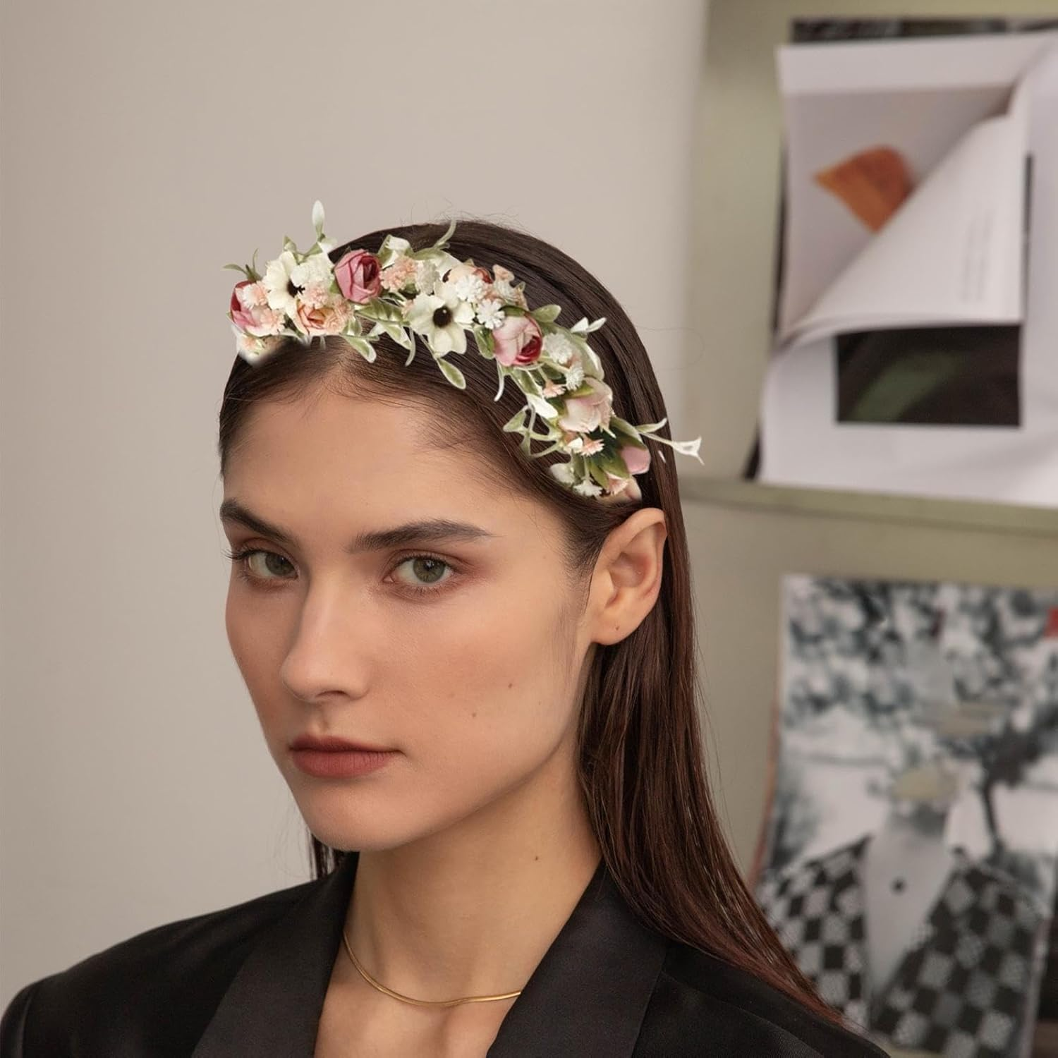 Bridal Flower Crown, Women Roses Floral Crown Hair Garland Adjustable, Bohemian Wedding Bridal Flower Headpiece for Womens Girls - Pink image number 6