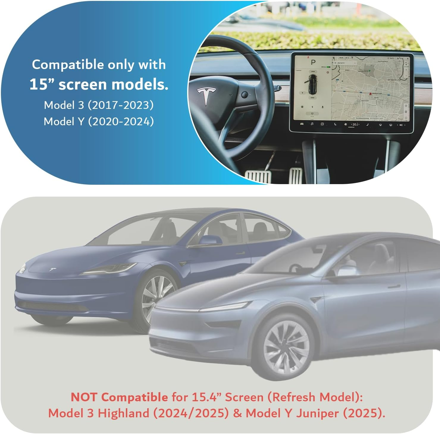 TUDIA 2-In-1 Snap-On Tempered Glass Screen Protector Case for Tesla Model 3 (2017&ndash;2023) & Model Y (2020&ndash;2024) &ndash; 15" Touchscreen Anti-Glare Scratch-Resistant Cover (Black)