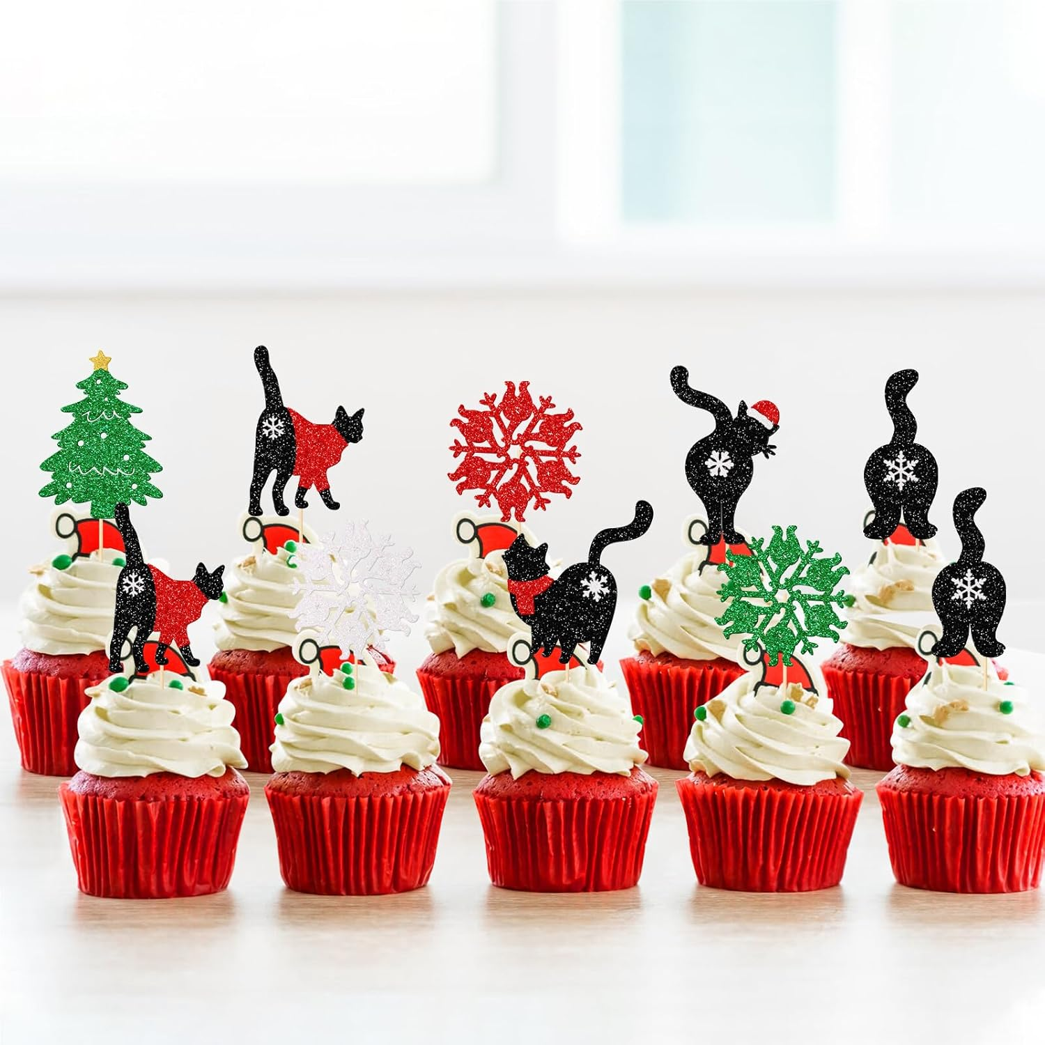 Black Cat Christmas Cupcake Toppers, Christmas Cat Party Decorations, Meow Christmas Party Decor, Christmas Cupcake Toppers for Cat Lovers, 24Pcs image number 4