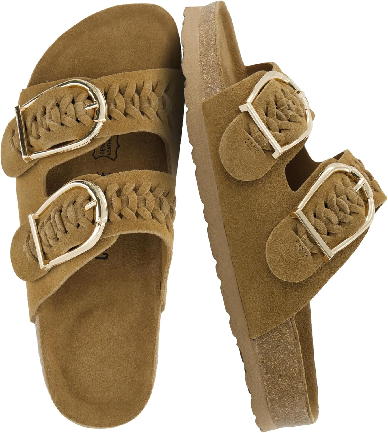 CUSHIONAIRE Cashew Slip on Suede Womens Sandals - Braided Double-Strap Design with Adjustable Big Buckle Sandals for Women