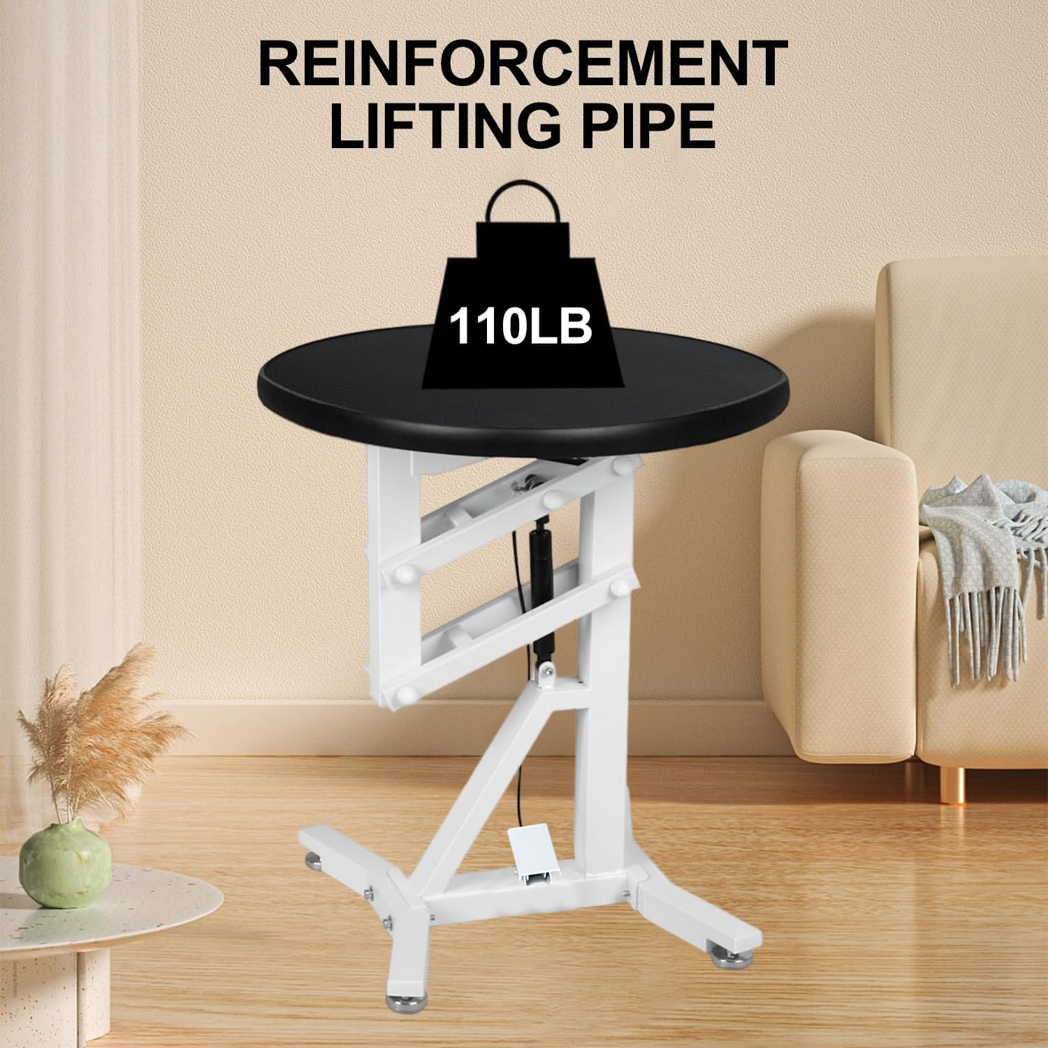 Pneumatic Lift Pet Grooming Table, Rotating Desktop Grooming Table, round Dog Cat Trimming Station with Toolbox Adjustable Overhead Arm and Table Height Max Load 110Lbs