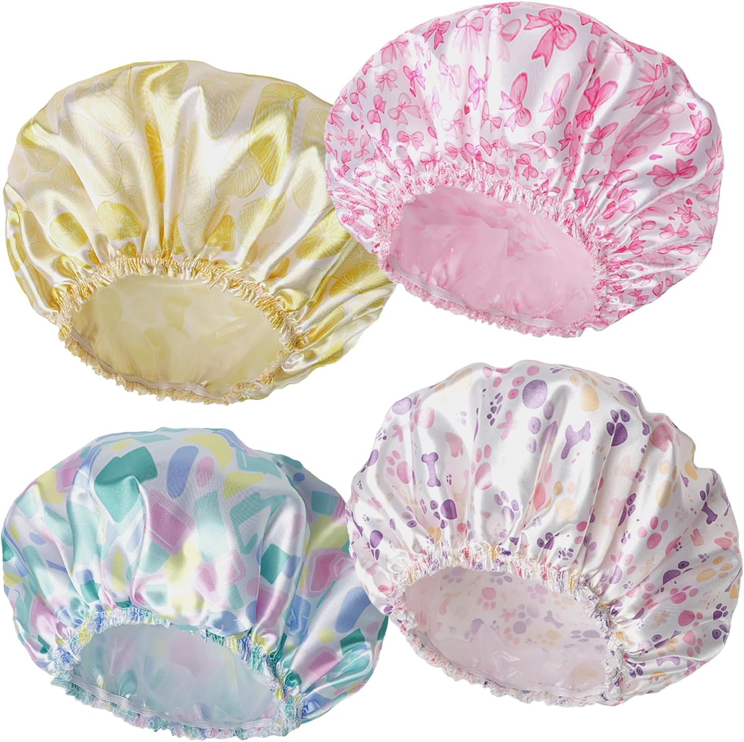 Shower Caps for Women, 4 PCS Elastic and Reusable Bath Caps, Double Waterproof Layers Shower Cap, Bathing Shower Caps, Environmental Protection Hair Bath Hat - Solid Color