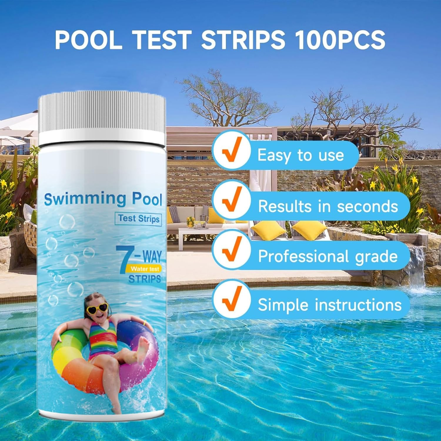 Pool Test Strips 7 in 1, 100 Strips Pool & Hot Tub Test Kit Strips, Water Quality Testing for Chlorine, Bromine, Ph, Hardness, Alkalinity and Cyanuric Acid