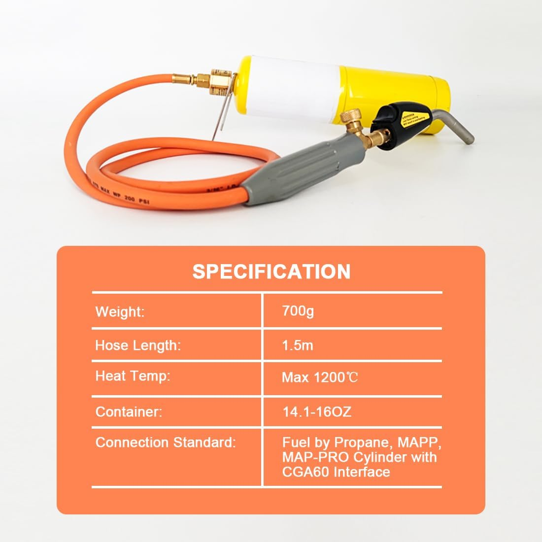 Intendvision Propane Torch Head, Mapp Gas Torch with Trigger Start, Adjustable Flame Knob, 1.5M Hose, Soldering Brazing Welding BBQ Torch Fuel by Propane Mapp Map Pro Gas (Includes Cylinder Clip) image number 4