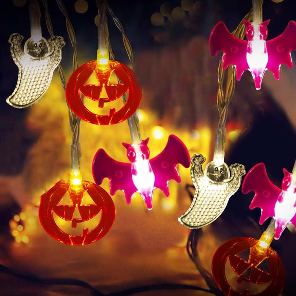 Halloween Fairy Lights, Pack of 3 Ghost Bats Pumpkin Fairy Lights, 3 Metres, 20 Leds, Orange Pumpkins, Purple Bats, White Ghost Lights, for Halloween Decoration, Carnival, Porch, Window image number 2