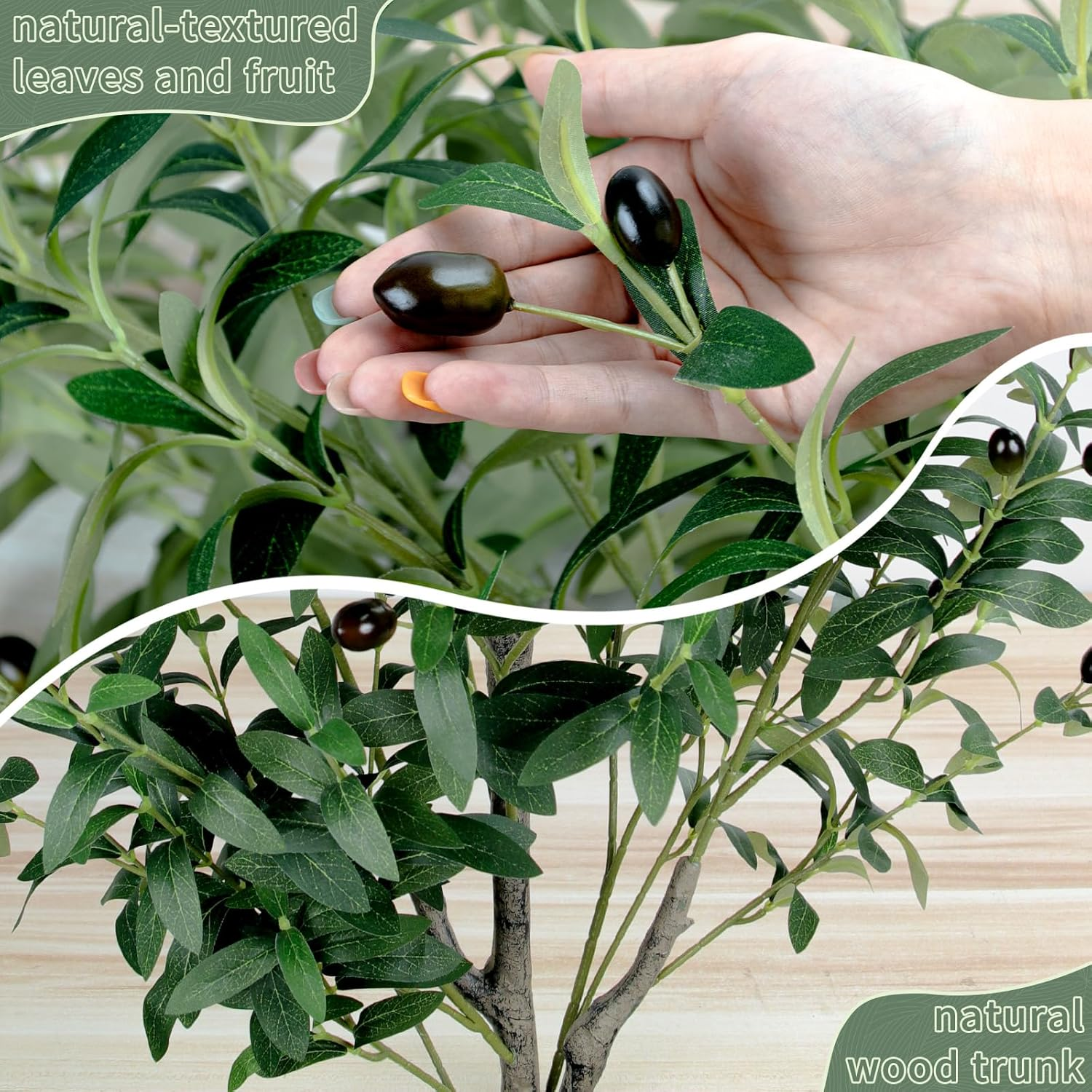 Artificial Olive Tree 5Ft/150Cm Tall Faux Silk Plant Large Fake Olive Potted Tree with Natural Wood Trunk and Lifelike Fruit for Home Office Decor Indoor with Plastic Planter - Artificial Olive Tree-5Ft/150Cm image number 6