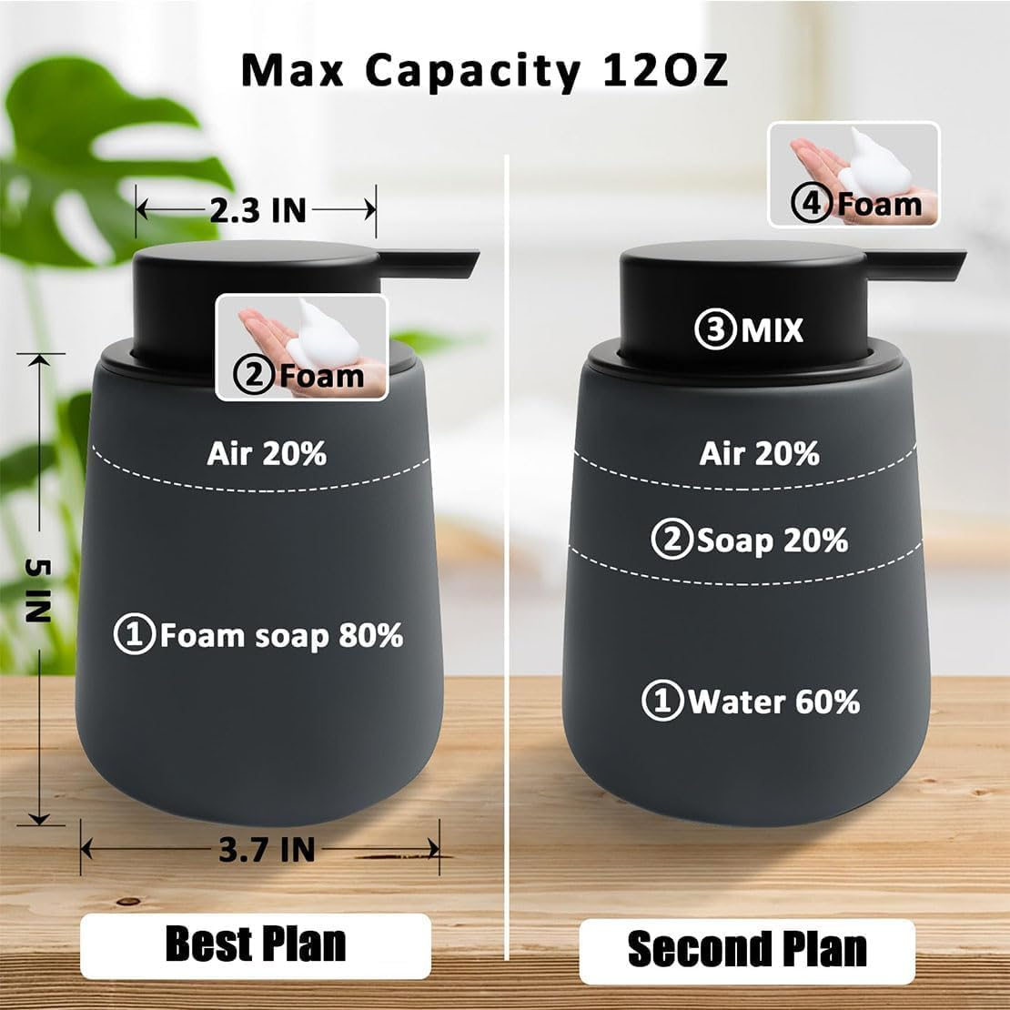 400Ml/13Oz Foam Hand Soap Dispenser, Grey Ceramic Hand Soap Dispenser for Bathroom Kitchen, Lotion Hand Pump Dispenser, Refillable Pump Bottle Dispenser for Hand Soap Shampoo Shower Gel image number 4