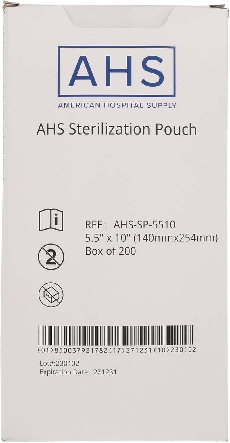 AHS American Hospital Supply Medical Sterilization Pouches 5.5 In. X 10 (Inches) | Sterilizer Bags with Self-Seal, Color Coded Indicators, Label Markings | Autoclave Pouches Box of 200 image number 1