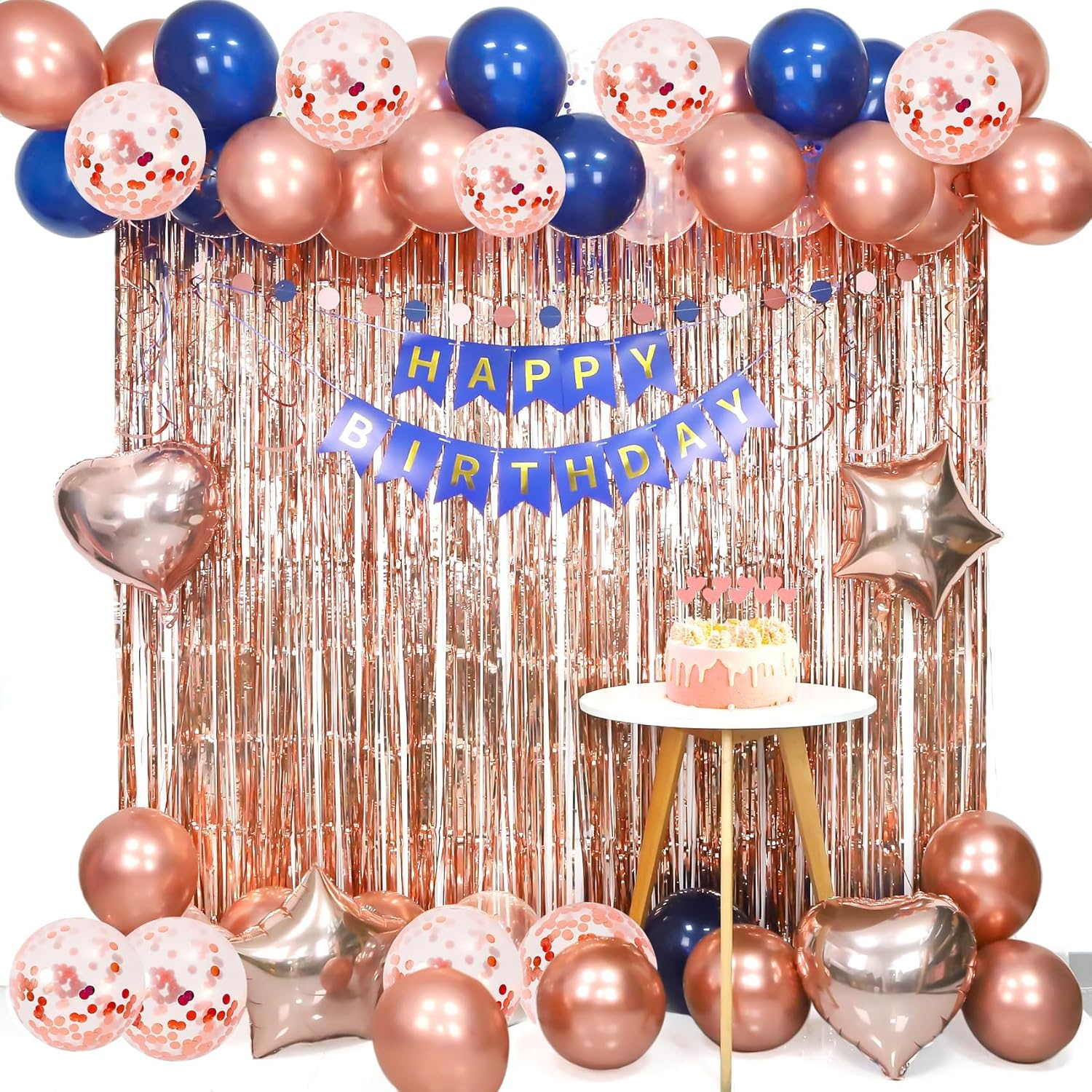 Happy Birthday Decorations for Women Rose Gold Birthday Decorations Happy Birthday Banner Fringe Curtain Butterfly Hanging Swirls Party Decorations for Girls Cupcake Toppers Foil Confetti Balloons