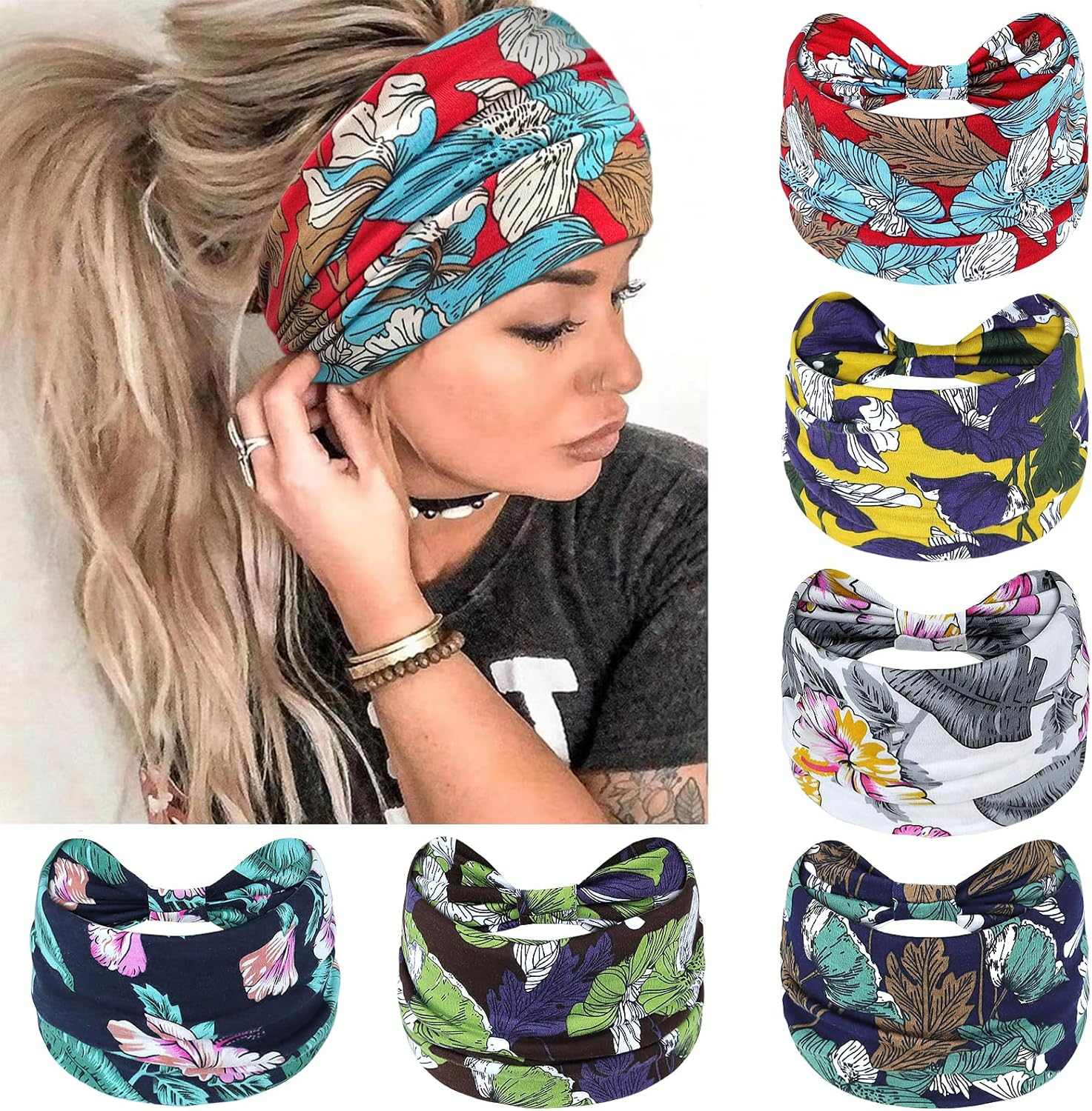 Kavya Headbands for Women'S Hair UK, Wide Soft Ladies Headband Boho, Fashion Bandanas Knot Adult Scarfs Hairbands Elastic Fashion Yoga Hair Bands Hair Accessories (Elegant) - Multi-Colored-7 image number 6