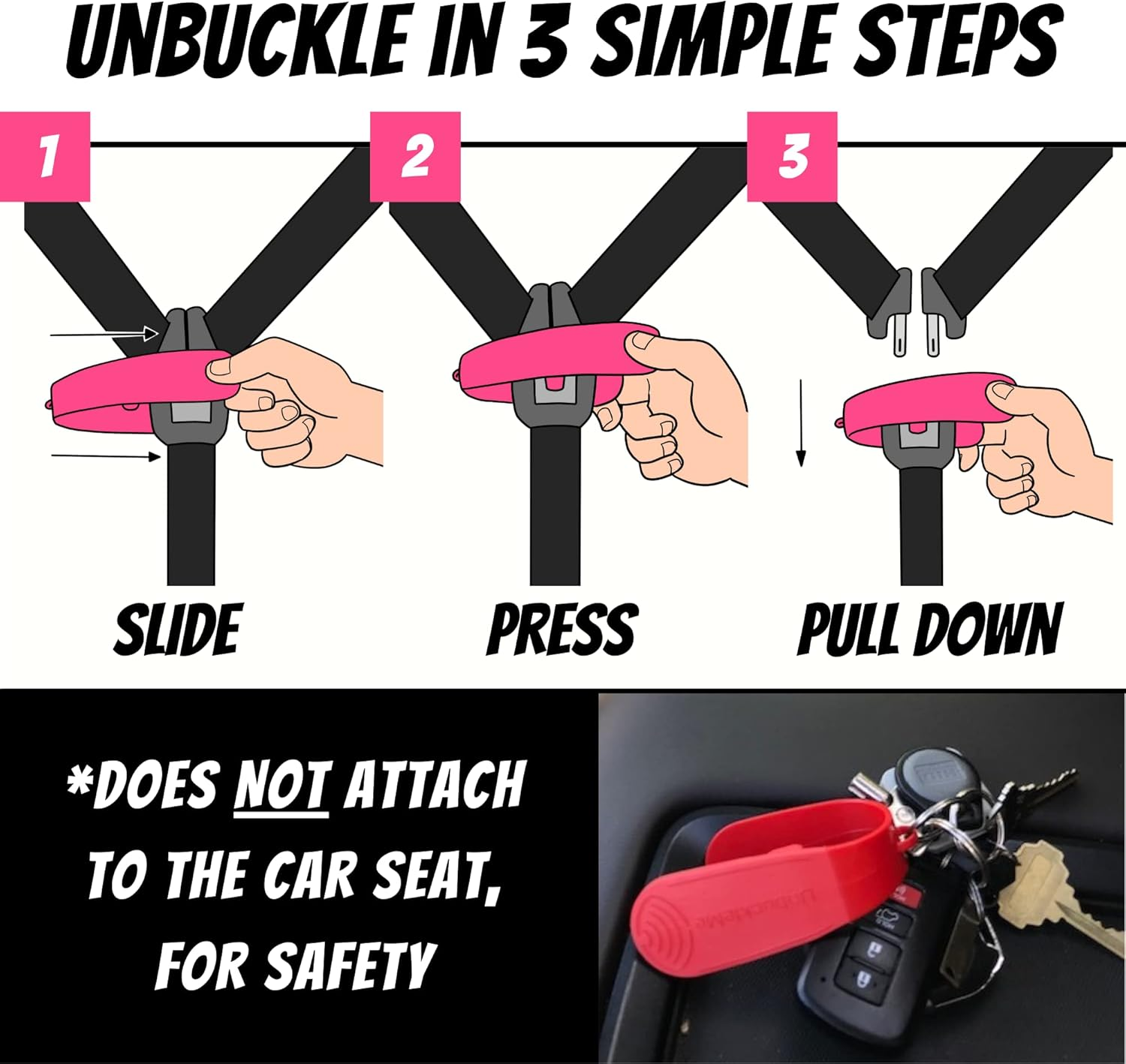 Unbuckleme Car Seat Buckle Release Tool - as Seen on Shark Tank - Makes It Easy to Unbuckle a Child'S Car Seat - Easy Tool for Parents, Grandparents & Older Children - Made in USA (1 Pack, Hot Pink) image number 2