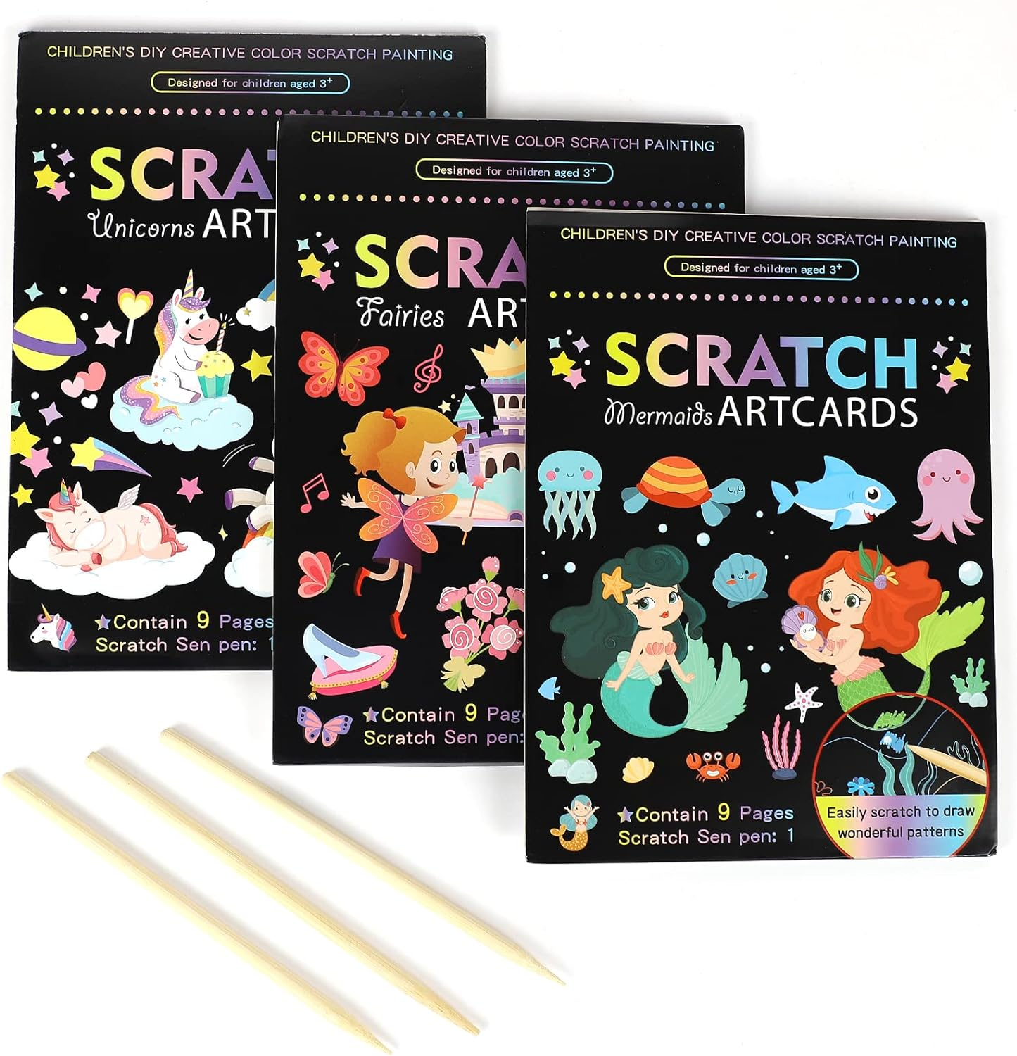 3 Set Magic Scratch Paper Art, Colorful Magic Drawing Art Book with 3 Scratch Pen for Kids, Dinosaurs/Underwater World/Spaceman