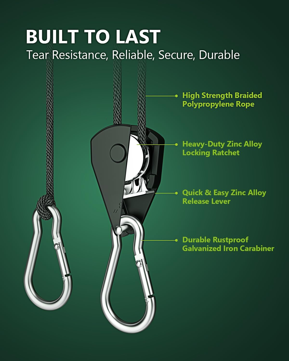 2-Pack 1/8&rdquo; Adjustable Rope Hanger, Heavy Duty Ratchet Tie down Strap with Reinforced Metal Gear, Ratcheting Pulley System Bungee Cord for Hanging Plants Grow Light and Various Tie-Down Uses image number 3