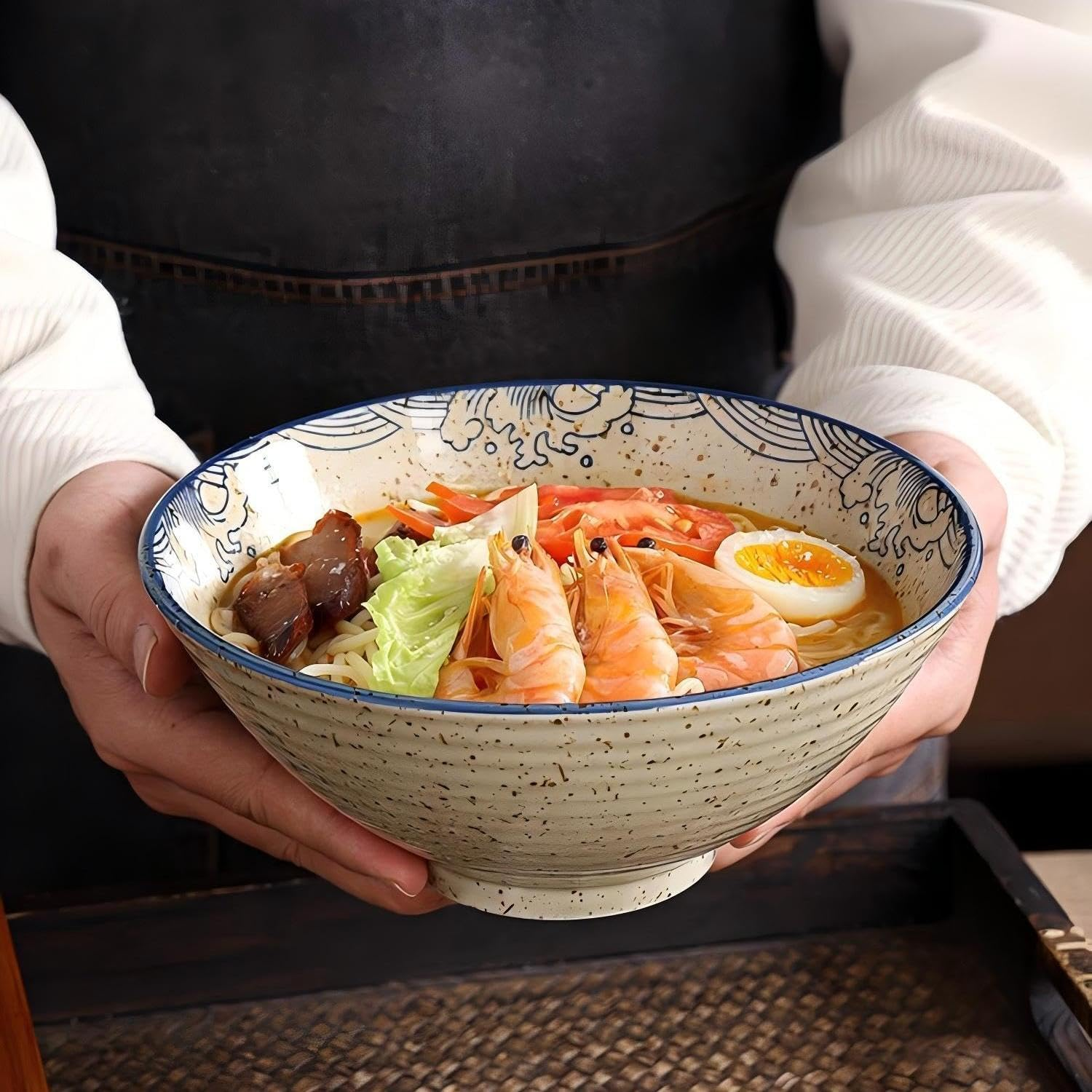 Ramen Ceramic Bowl Set, 2 X 1200 Ml Japanese Tableware with Chopsticks and Spoon, Premium Large Pasta Bowls, Soup Bowls, Salad Bowls for Pho Ramen