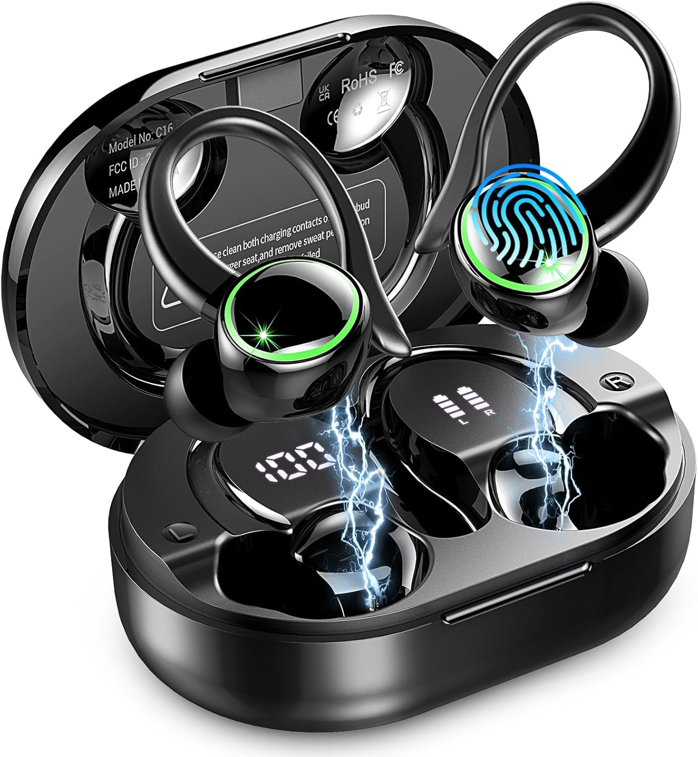 Wireless Earbuds, Bluetooth 5.4 Headphones Sports, 50H Playback Over-Ear Buds with ENC Noise Cancelling Mic, Deep Bass Fitness Earphones Gym Running, IP7 Waterproof Headset with Earhook Workout