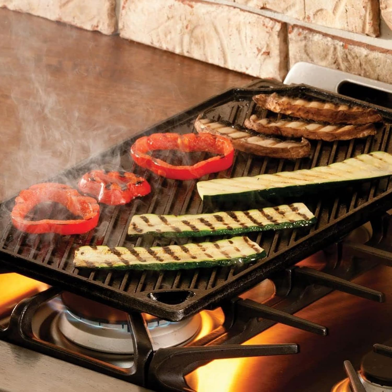 Aping Cast Iron Griddle, Nonstick Reversible Griddle Pan with Mitts for Gas Grill, Cast Iron Griddle Plate for Gas Stove Top, Oven, Outdoor Grill or Campfire,16.5'' X 9.5''