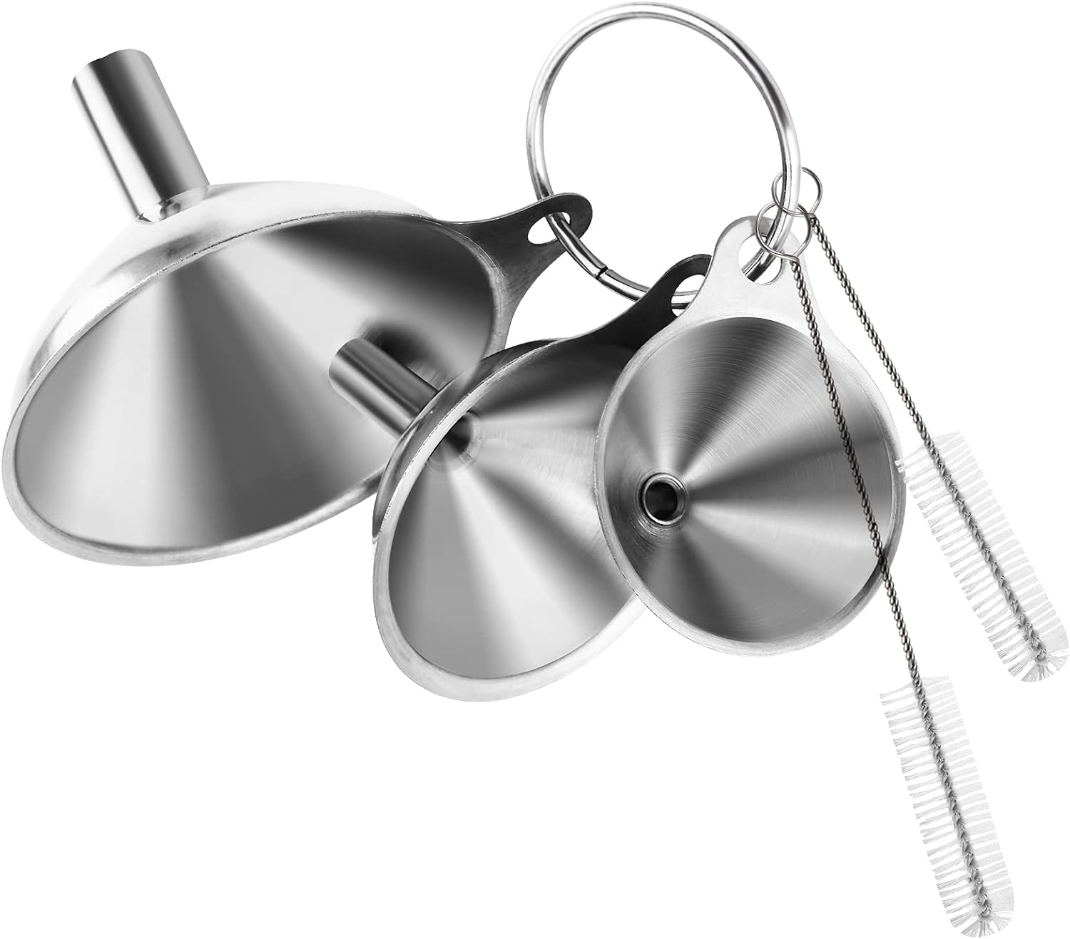 VOPTON 6 Pcs Stainless Steel Mini Funnels for Kitchen Use. Large Tiny Small Funnel Set of 3, Metal Cooking Powder Food Grade Flask Funnels for Filling Bottles Liquor Water Spice, 2Pcs Cleaning Brushes image number 1