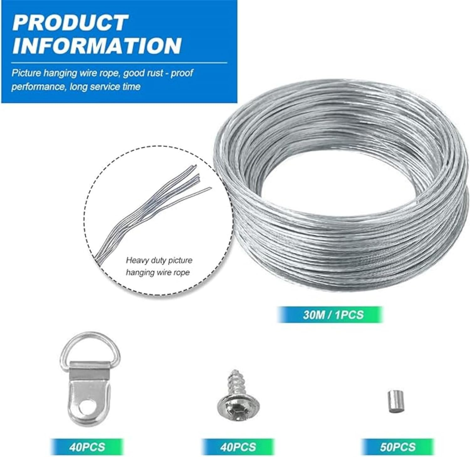 Picture Hanging Wire, 131 Pcs Picture Frame Hanging Wire with D Ring Hangers and Crimping Loop Sleeves Steel Rope for Mirror Clock for Mirror, Clock Frame, Artwork Hanging image number 4