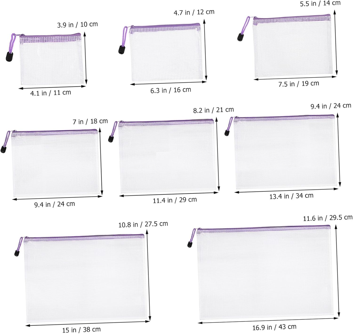 TIDTALEO 32Pcs Mesh Zipper Pouch Transparent Document Wallets with Purple Zippers and White Mesh Body Multi Organizer Bags for Stationery Travel Office Supplies Portable and Lightweight image number 2