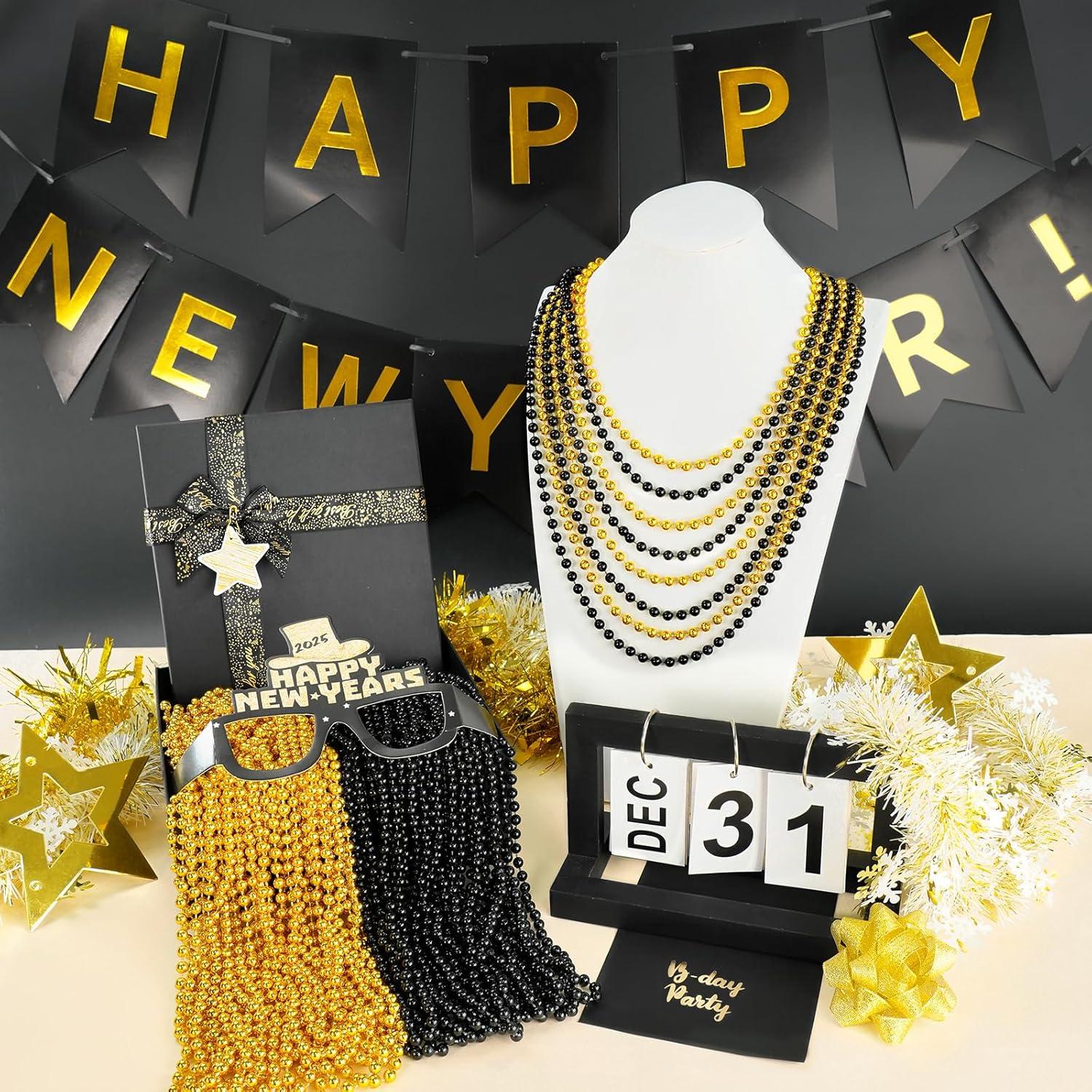 YAXINRUI 16 PCS New Year Necklaces, Gold Black Bead Party Favors, 33 Inch 7 Mm Beaded Necklaces for 2025 Years Eve Christmas Halloween Festive Events