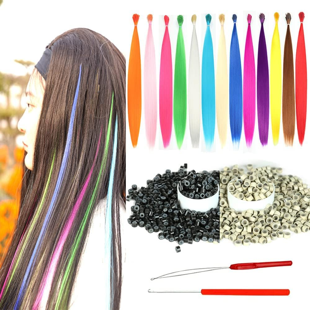 YUDAOHAIR Synthetic Feather Hair Extensions for Women 16 Inch Hairpieces With100Pcs Silicone Micro Link Beads and 2 Crochet Hooks Hair Feathers with Tools Kit (16'', 12 Feather Mix Colors)