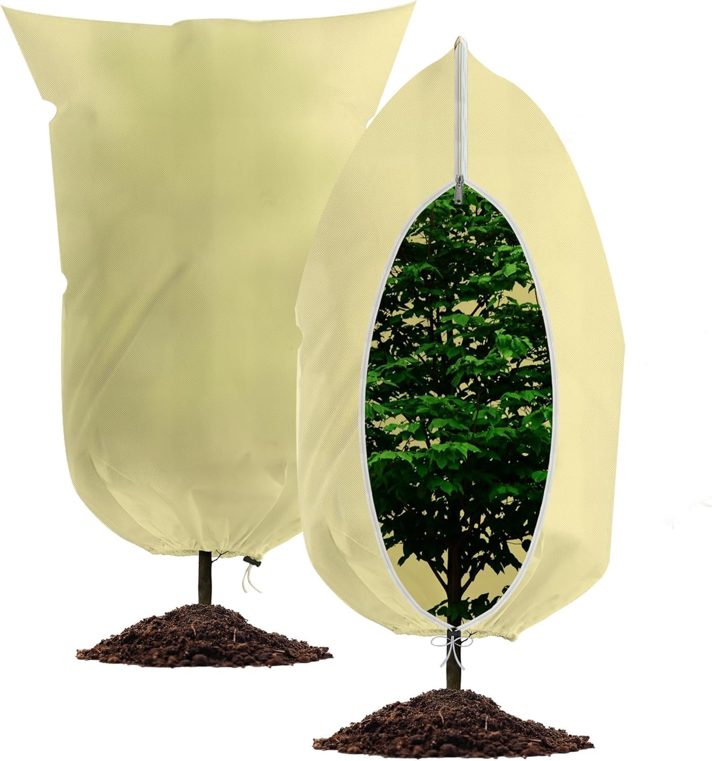 Plant Covers Freeze Protection, 2 PCS 120CM W X 180CM H Large Frost Cloth Blankets with Zipper Drawstring, Reusable Frost Tree Covers Shrub Jackets for Winter Outdoor Plants Potted Fruit Tree (White)