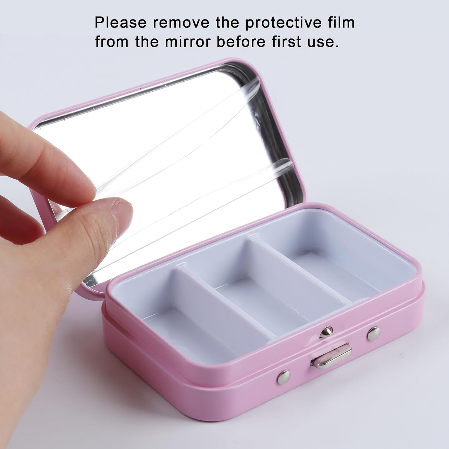 2Pcs 3 Compartments Pill Case with Mirror, Portable Metal Medicine Pill Organizer Small Pill Box Vitamin Pill Holder for Pocket, Purse, Travel (Pink) image number 5