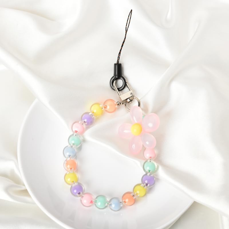 Cell Phone Chain Wrist Strap for Case Keychain - Pink Flower Beaded Lanyard Accessories Bracelet Wristlet for Women Ladies - Birthday Graduation Gifts for Friends