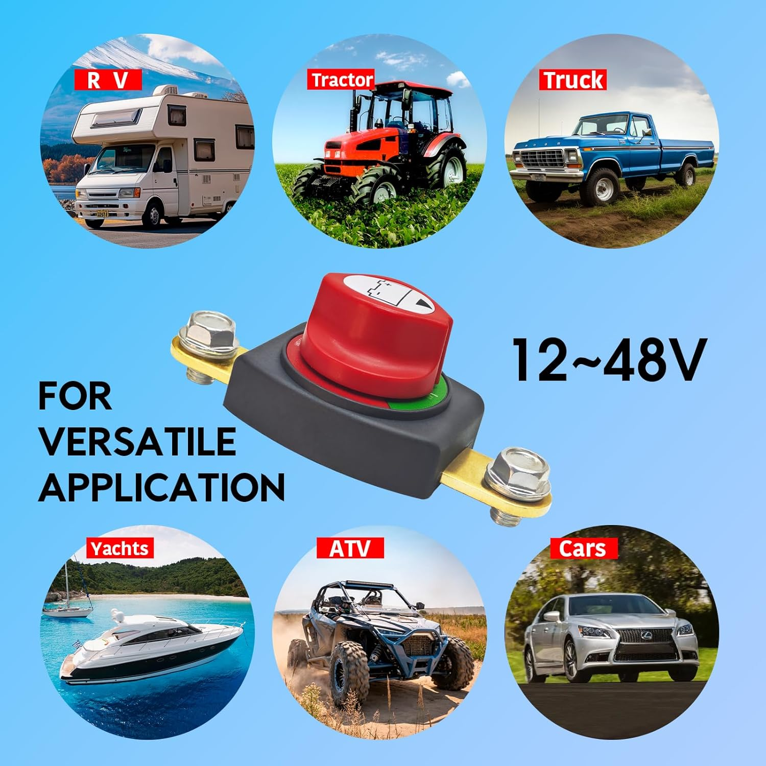 12V 48V-275A Power off Battery Disconnect Switch Side Power Cut off Isolator for Car, Boat, Marine, Trailer, Truck, ATV, High Resistance Batteries image number 1