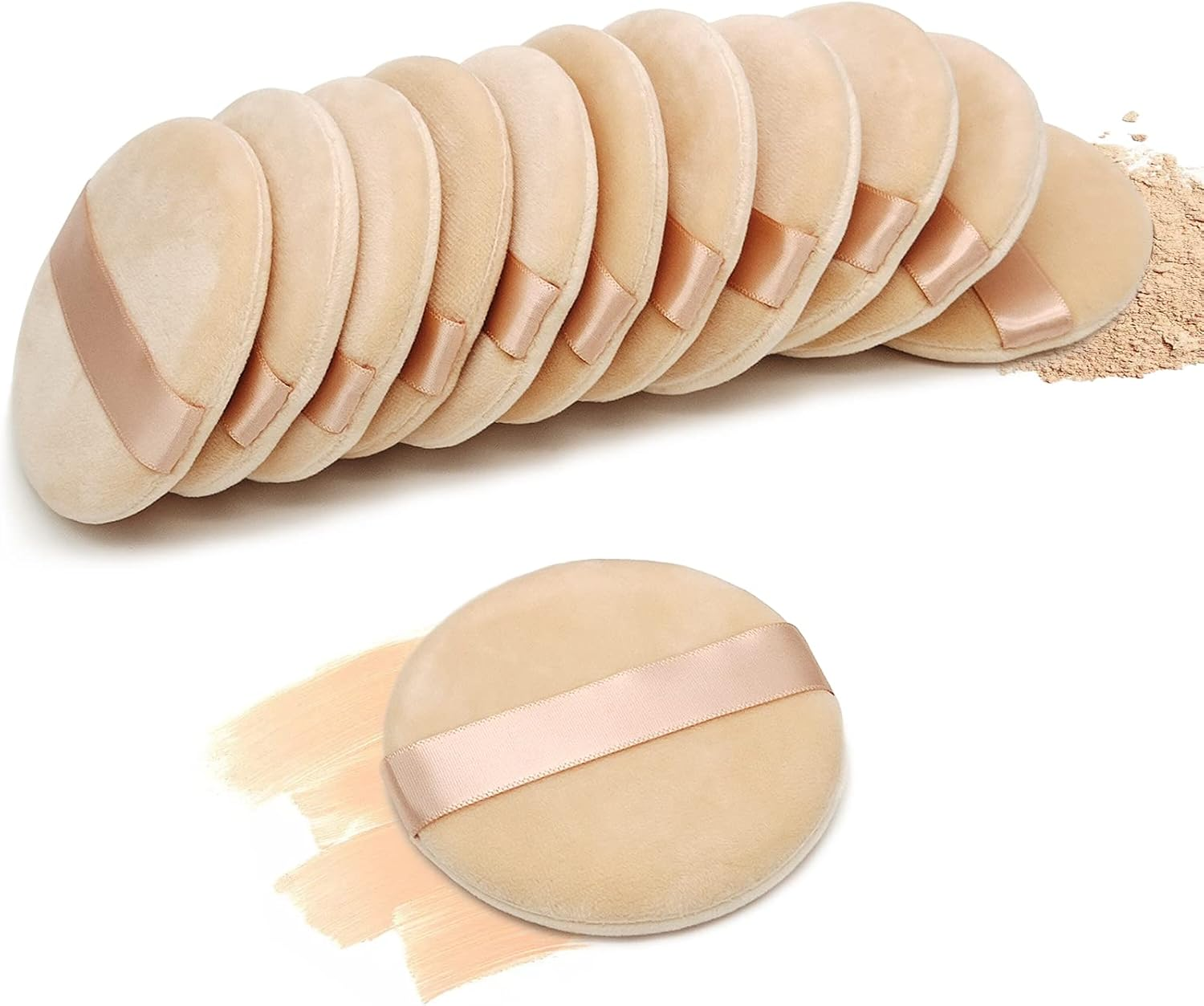 12 Pieces Cotton Powder Puff,3.15 Inch round Portable Soft Sponge Cosmetic Puffs,Velvet Powder Puff with Ribbon Band Handle for Loose Powder Body Powder Makeup Tool image number 4