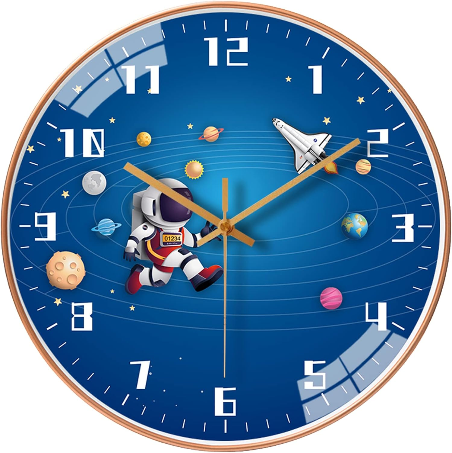 QINFIEY 12 Inch Silent Movement Kids Wall Clock, Non Ticking Children round Wall Clock Battery Operated Space Travel Style Decor Children Clock for Home School Boys Bedroom Living Room (Blue)