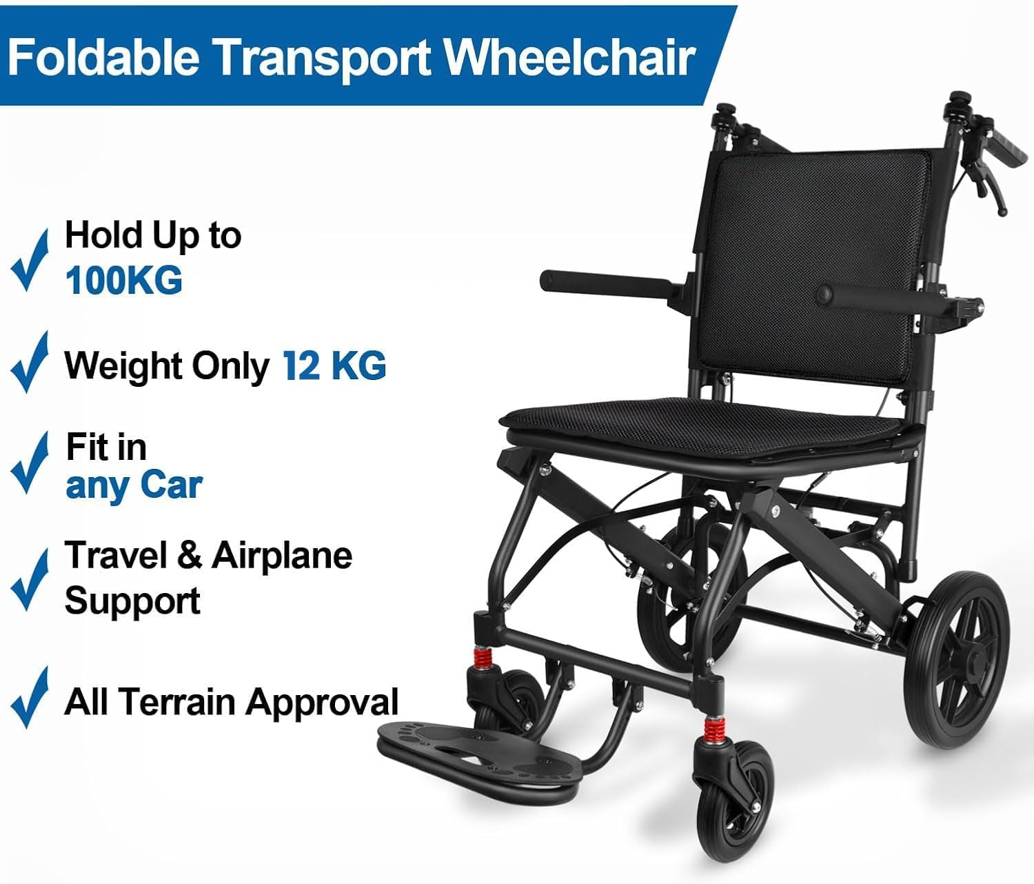 Ultra Light Transport Wheelchairs for Adults Weight 12KG, Lightweight Folding Wheelchairs for Seniors Support 220Lbs, Compact Travel Wheelchair Portable image number 2
